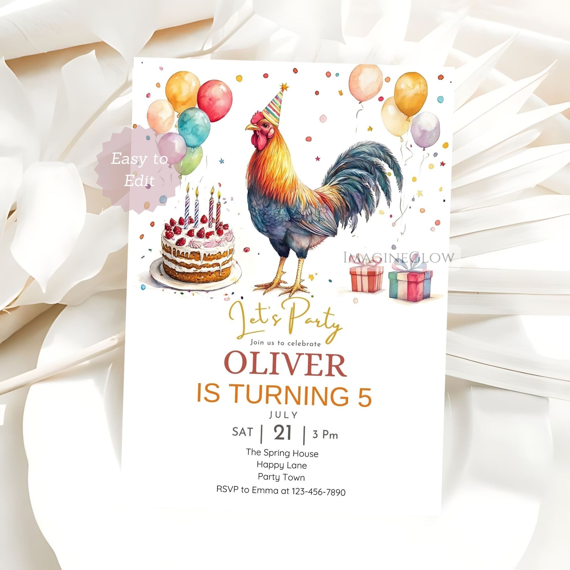 Country-style farm birthday invitation
Rooster party invite for boys or girls
