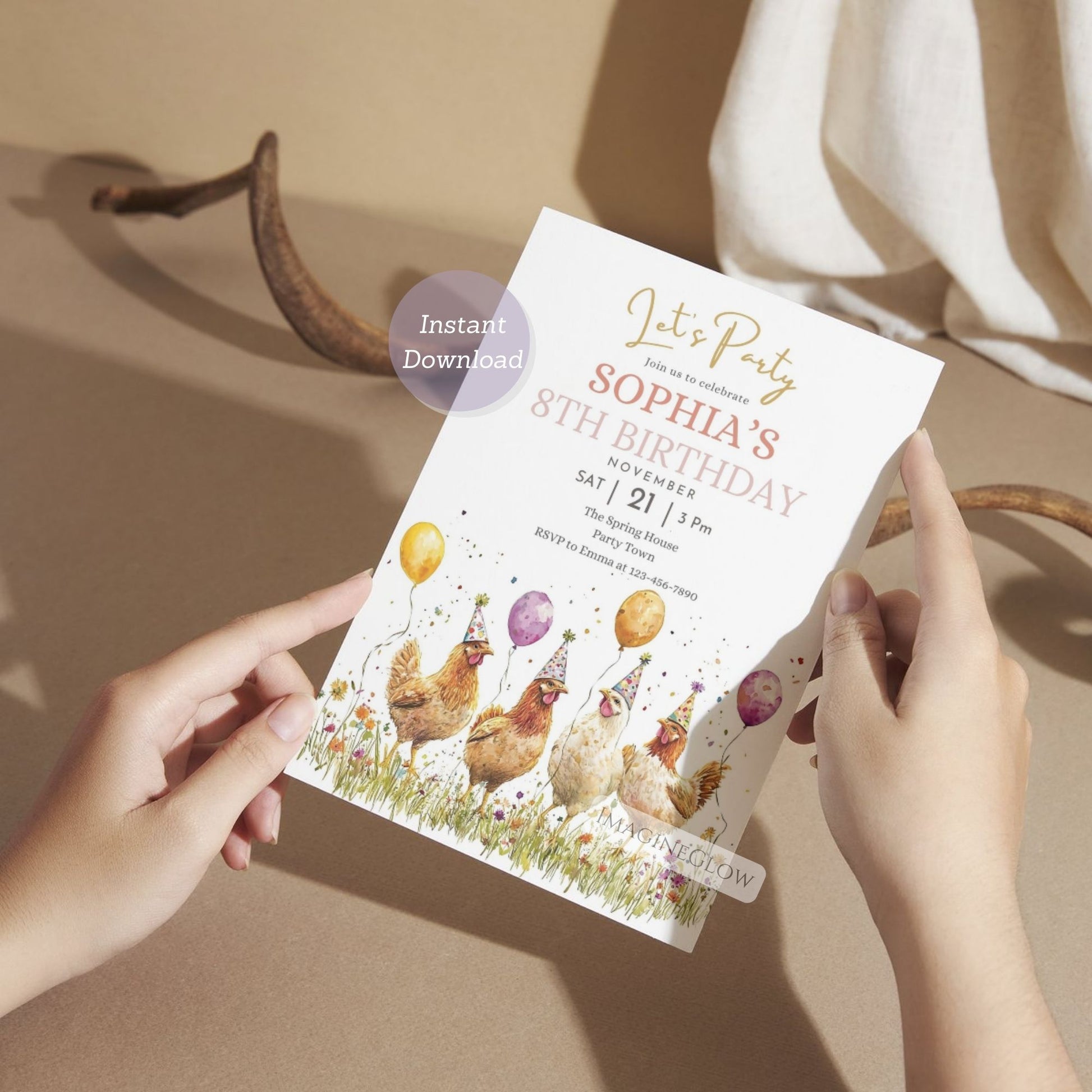 Personalized chicken wildflower birthday party invitation