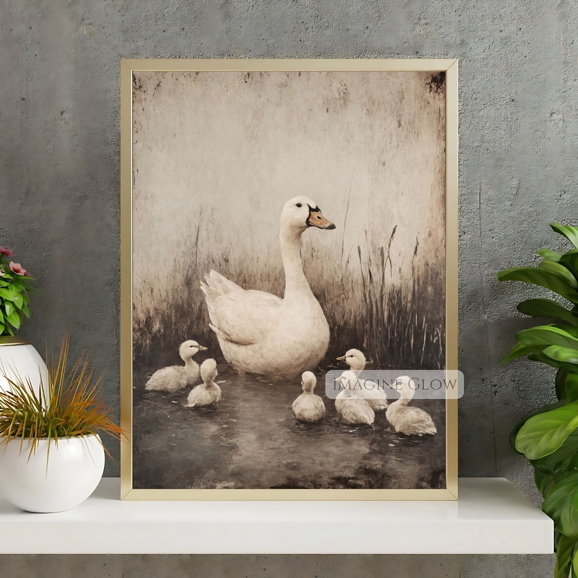 White goose with goslings in tranquil pond - vintage artwork