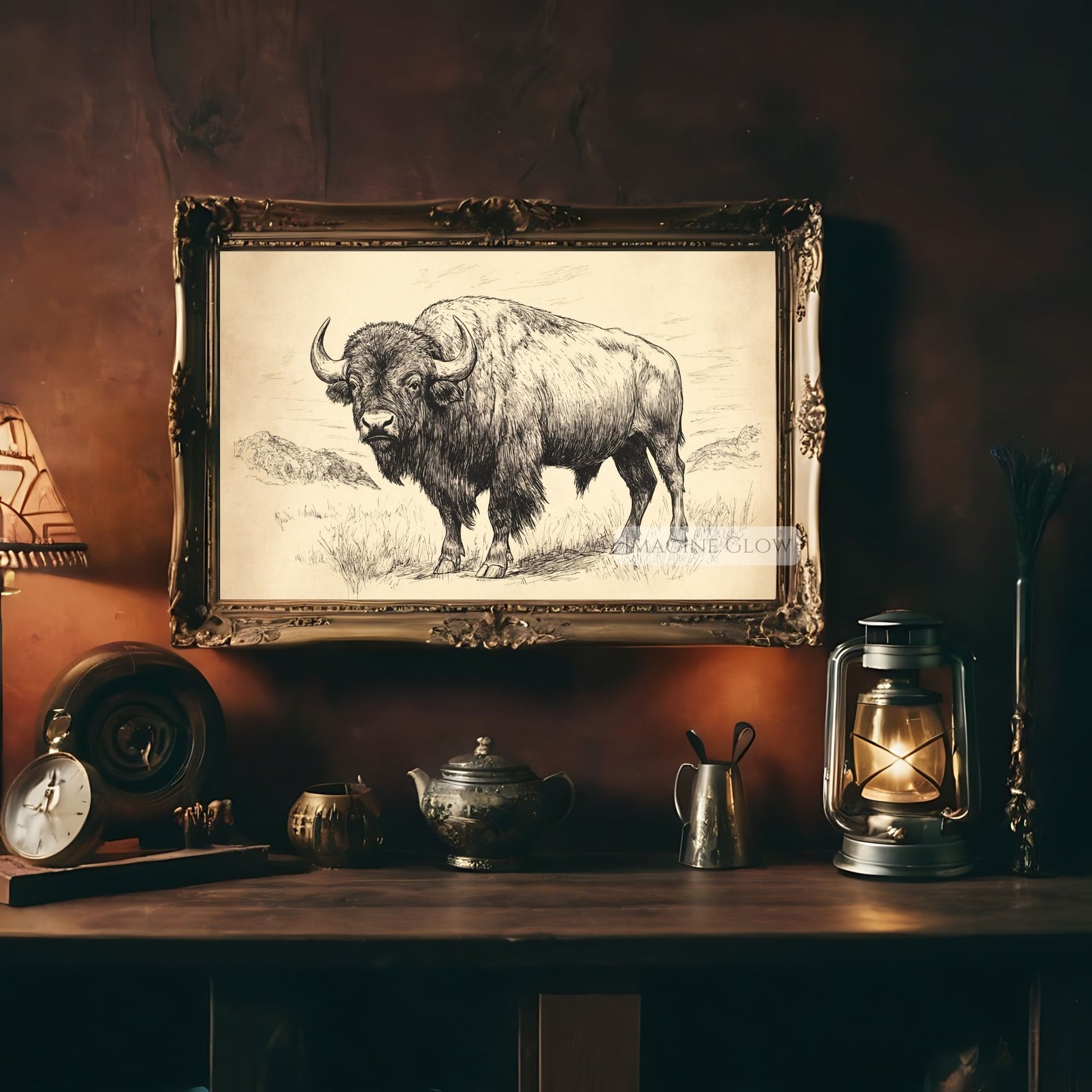 Minimalist bison illustration for nature-inspired decor.