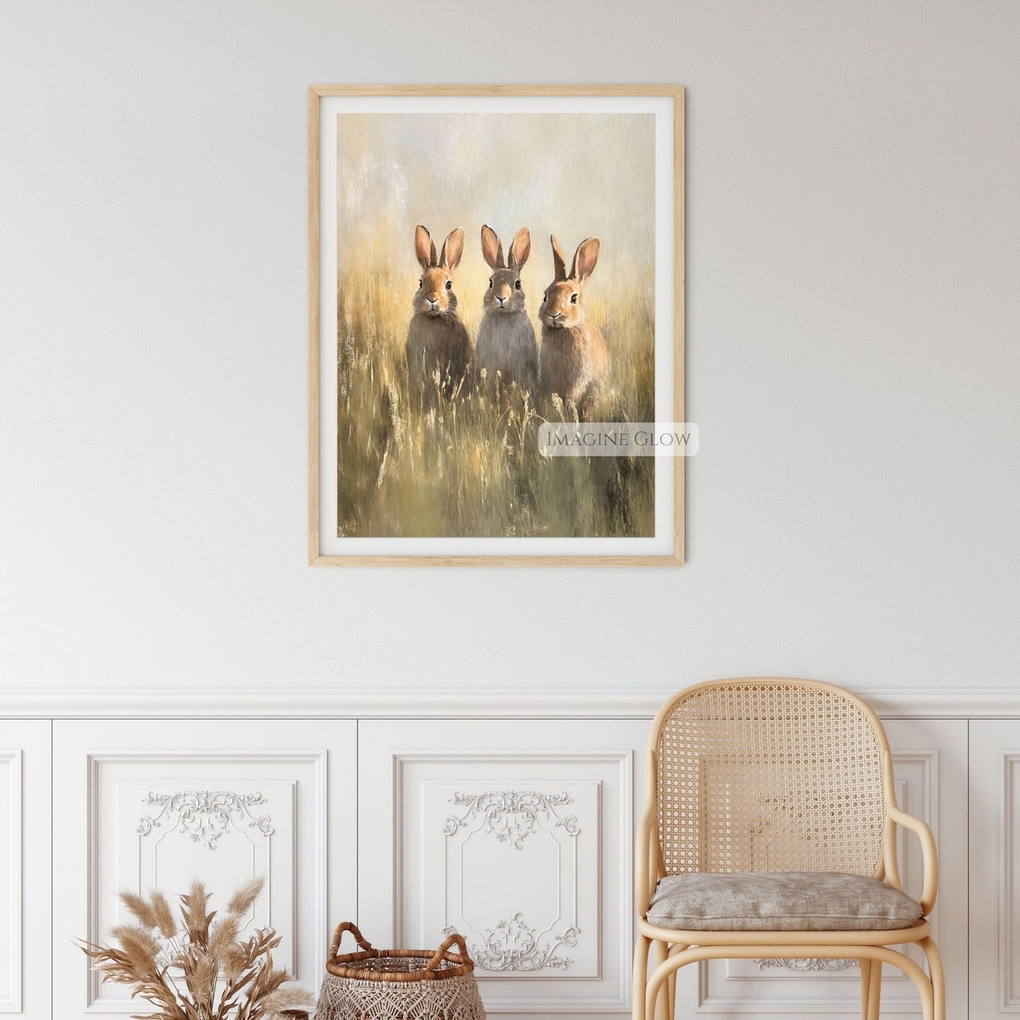 Woodland nursery art with three bunnies vintage style