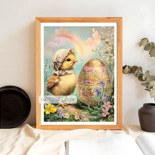 Spring-themed vintage baby chick and Easter egg artwork.