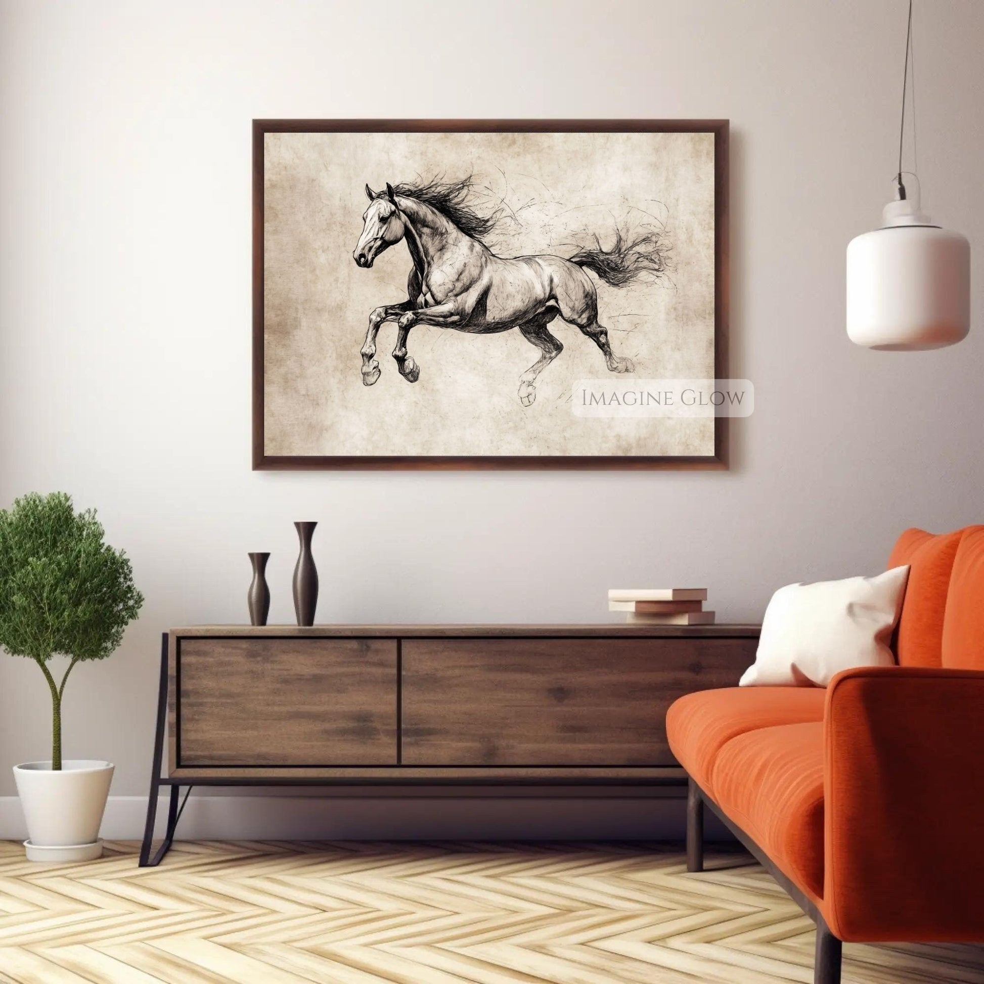 Elegant horse motion sketch for western wall art.