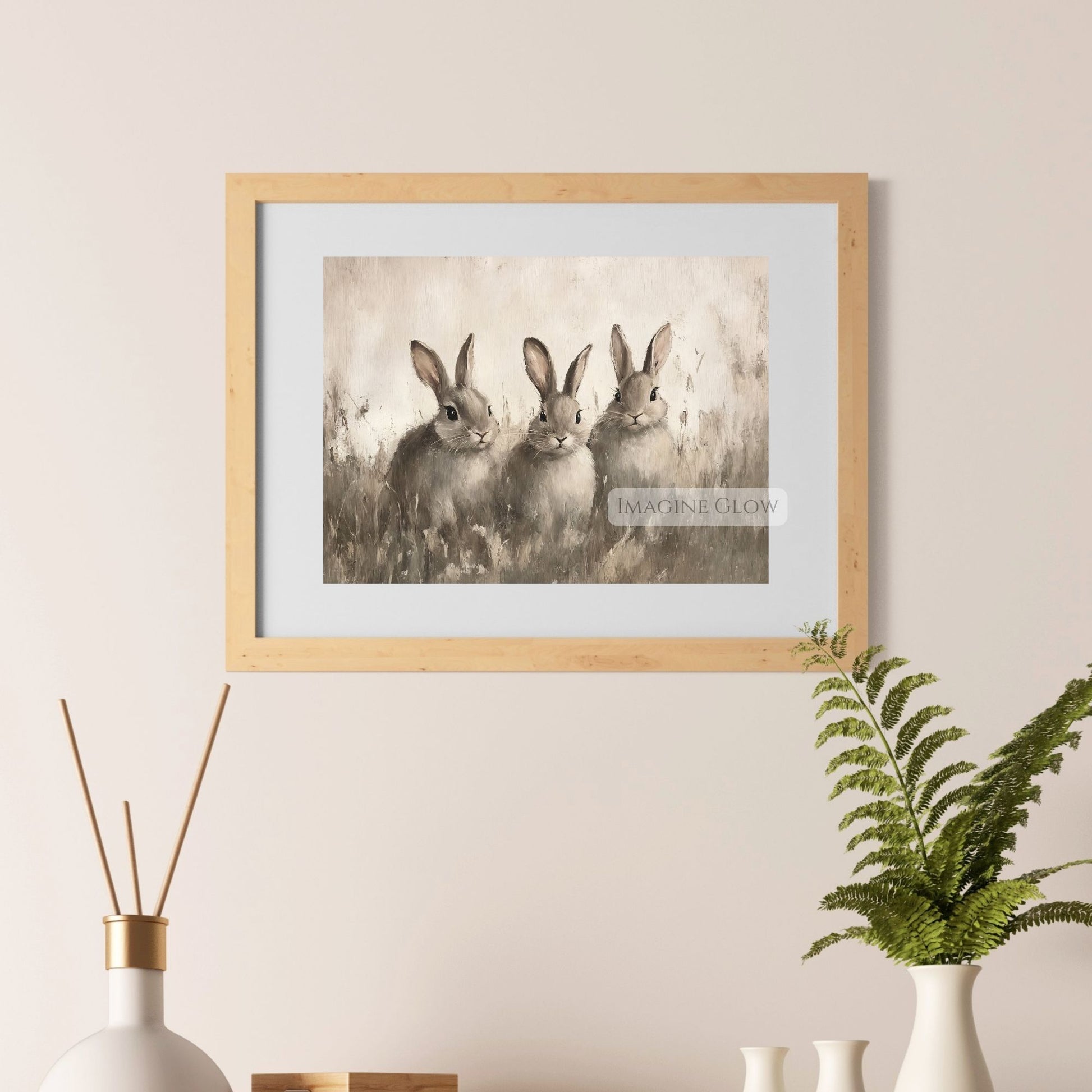 Charming nature-inspired painting of three rabbits in a field