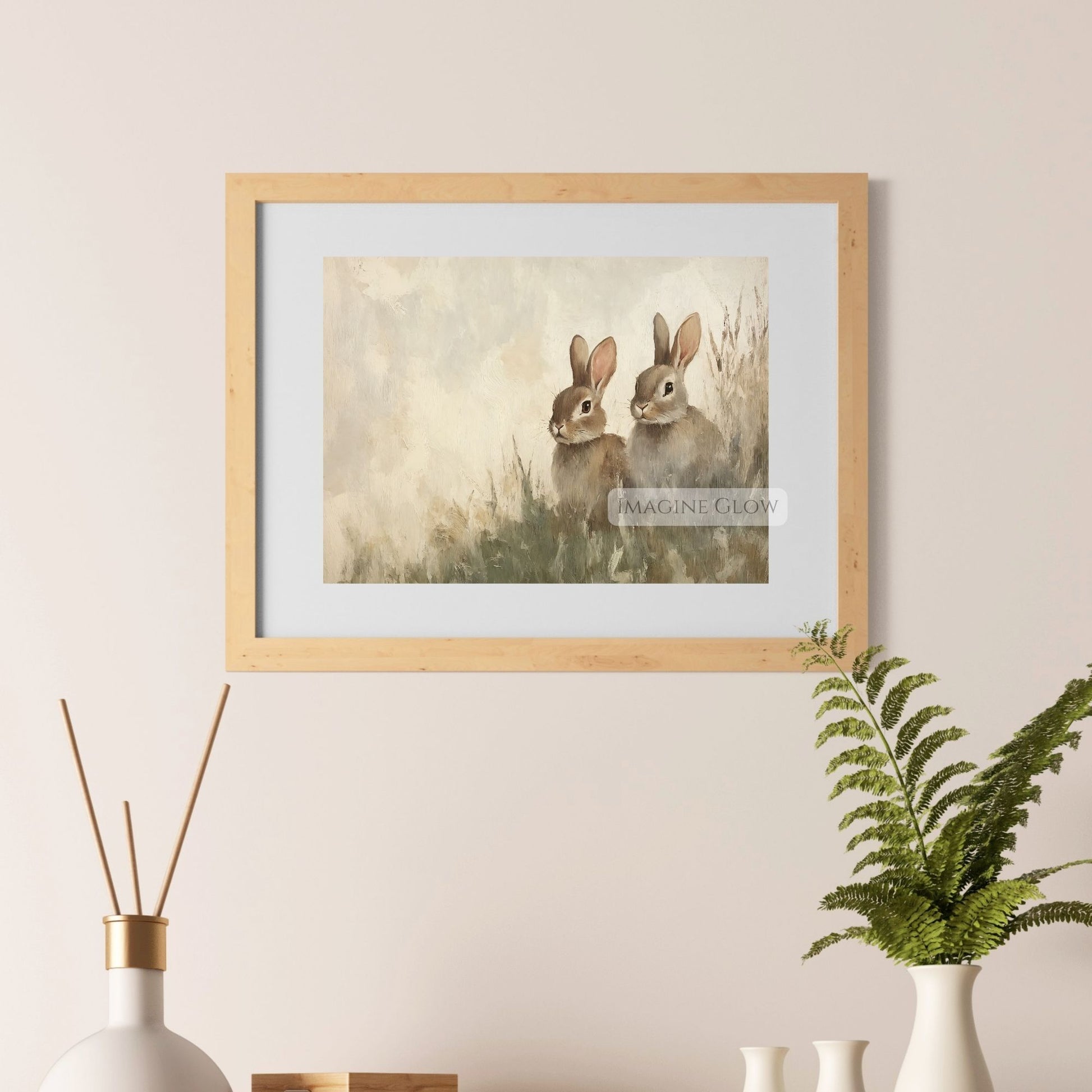 Rustic farmhouse art of two bunnies in nature