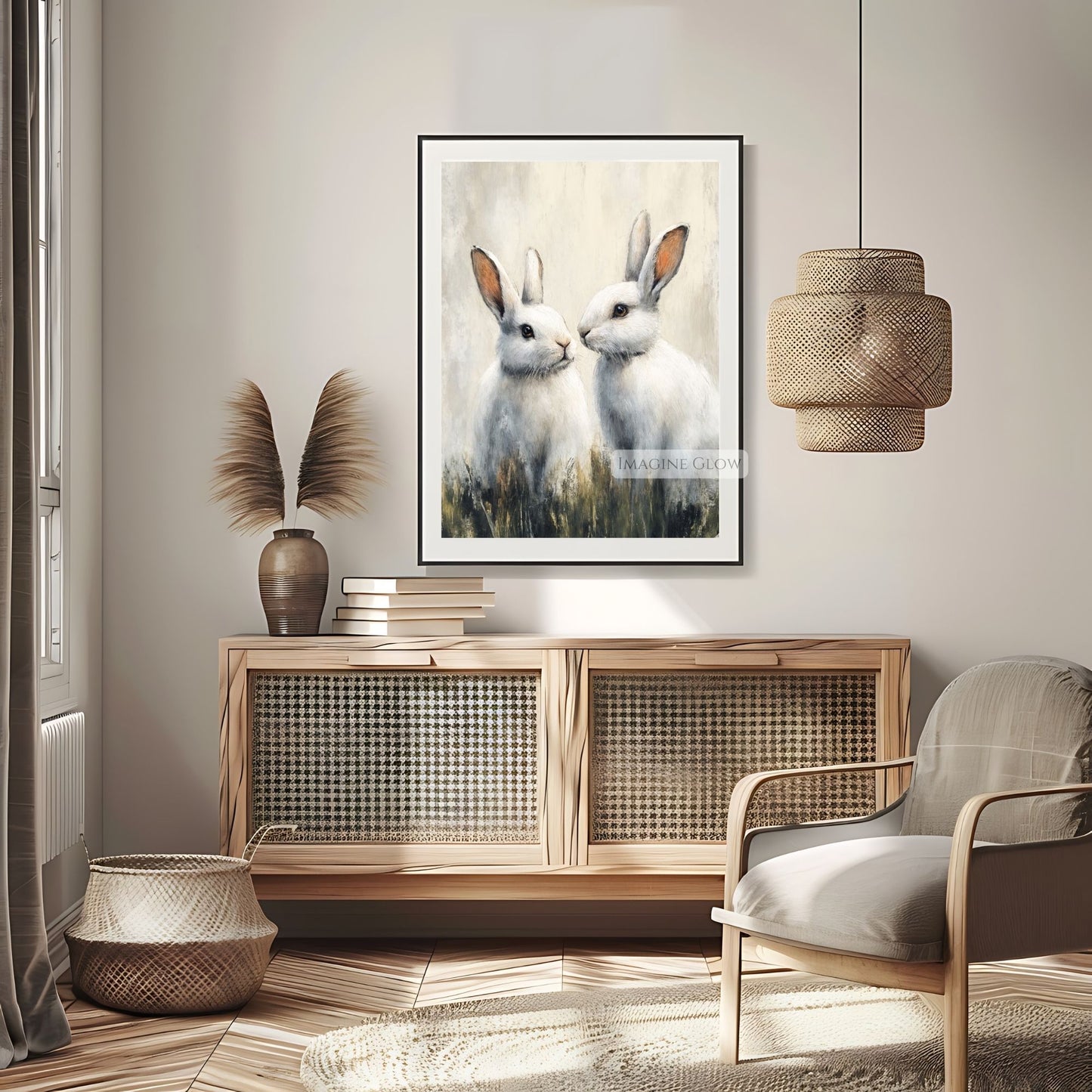 Elegant farmhouse-style bunny print for wall decor