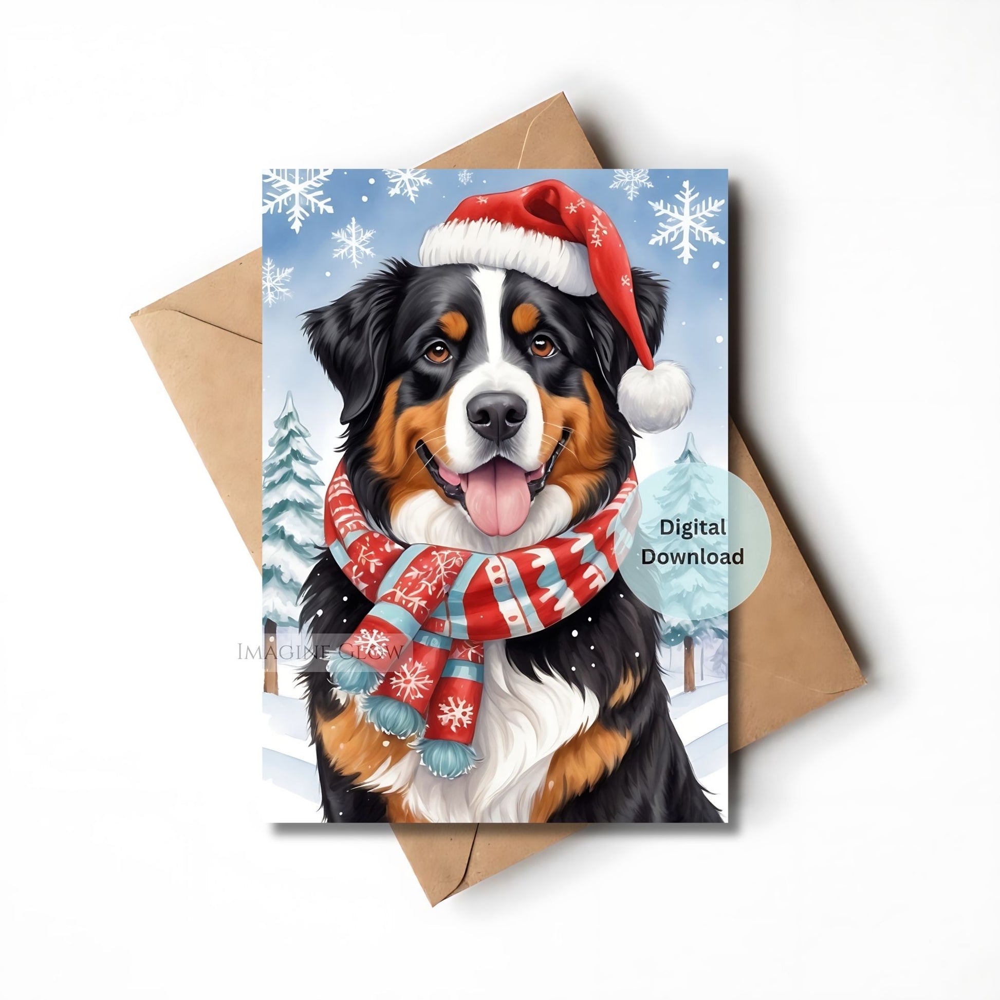 Christmas-themed greeting card with a dog wearing a Santa hat and scarf, next to an envelope.