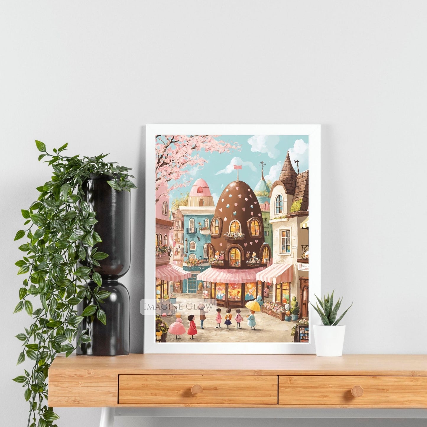 Whimsical Easter town scene with pastel houses and festive details