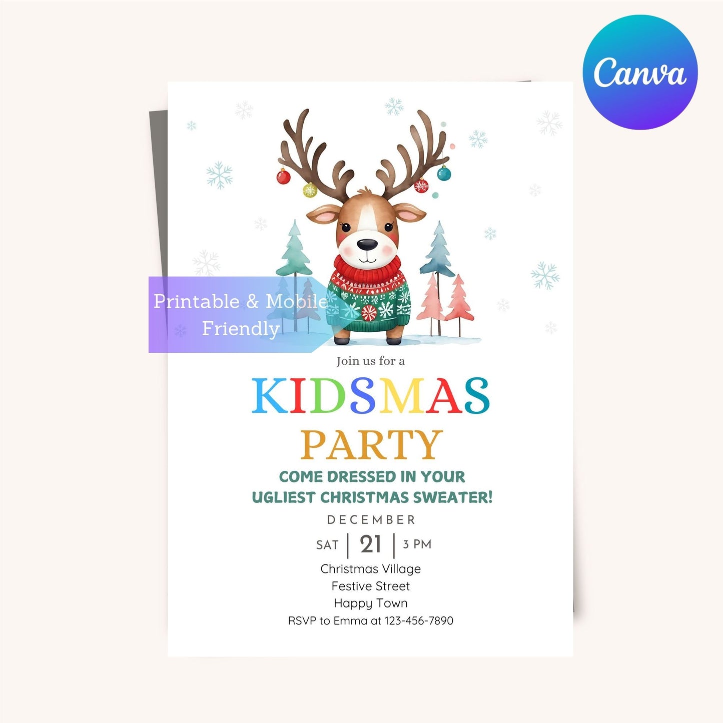 Printable Kidsmas party invite with festive reindeer design.
