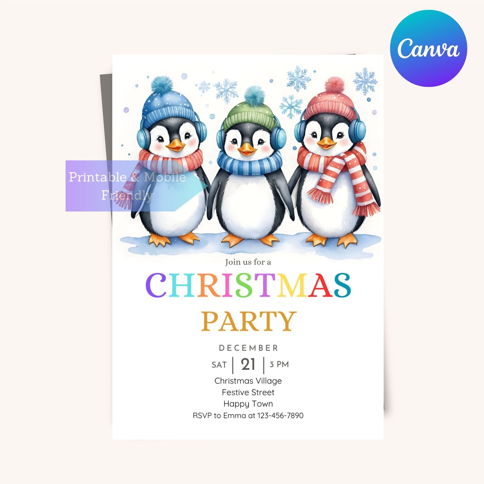 Printable winter holiday invitation featuring a penguin theme.