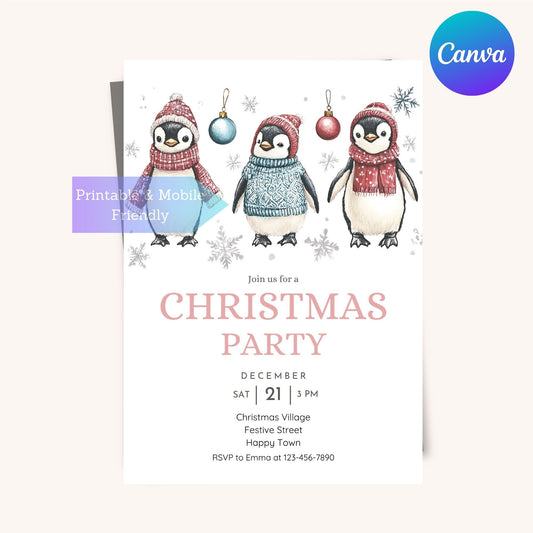 Penguin Christmas party invitation with festive holiday design.