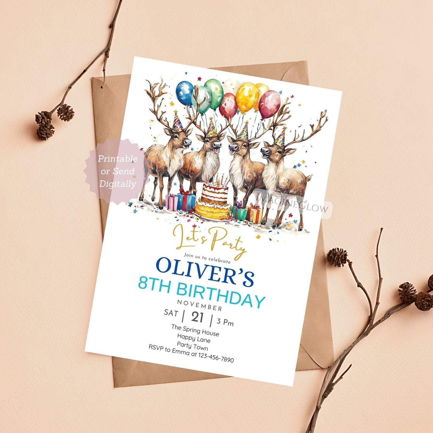 Cute reindeer birthday invitation digital download