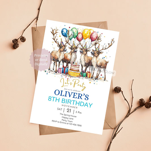 Cute reindeer birthday invitation digital download