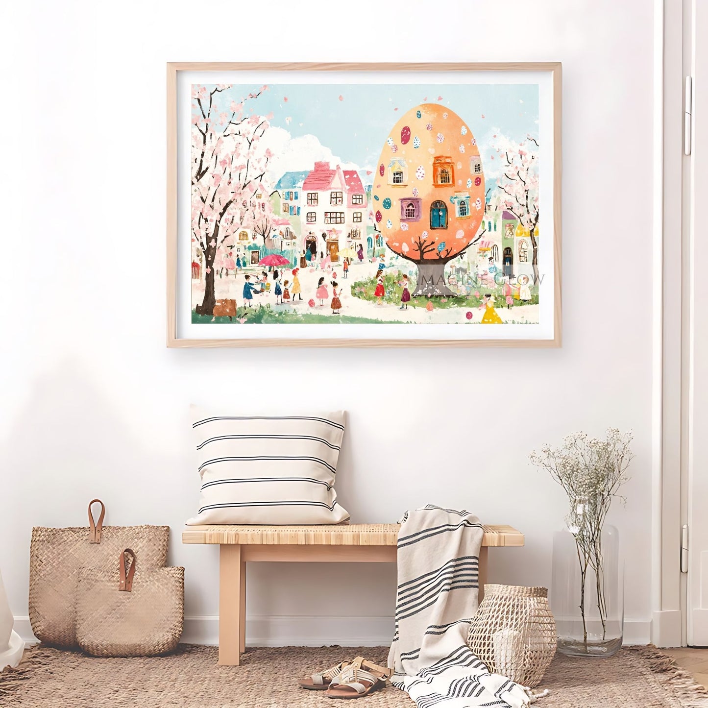 Storybook-style village with blooming trees and Easter details