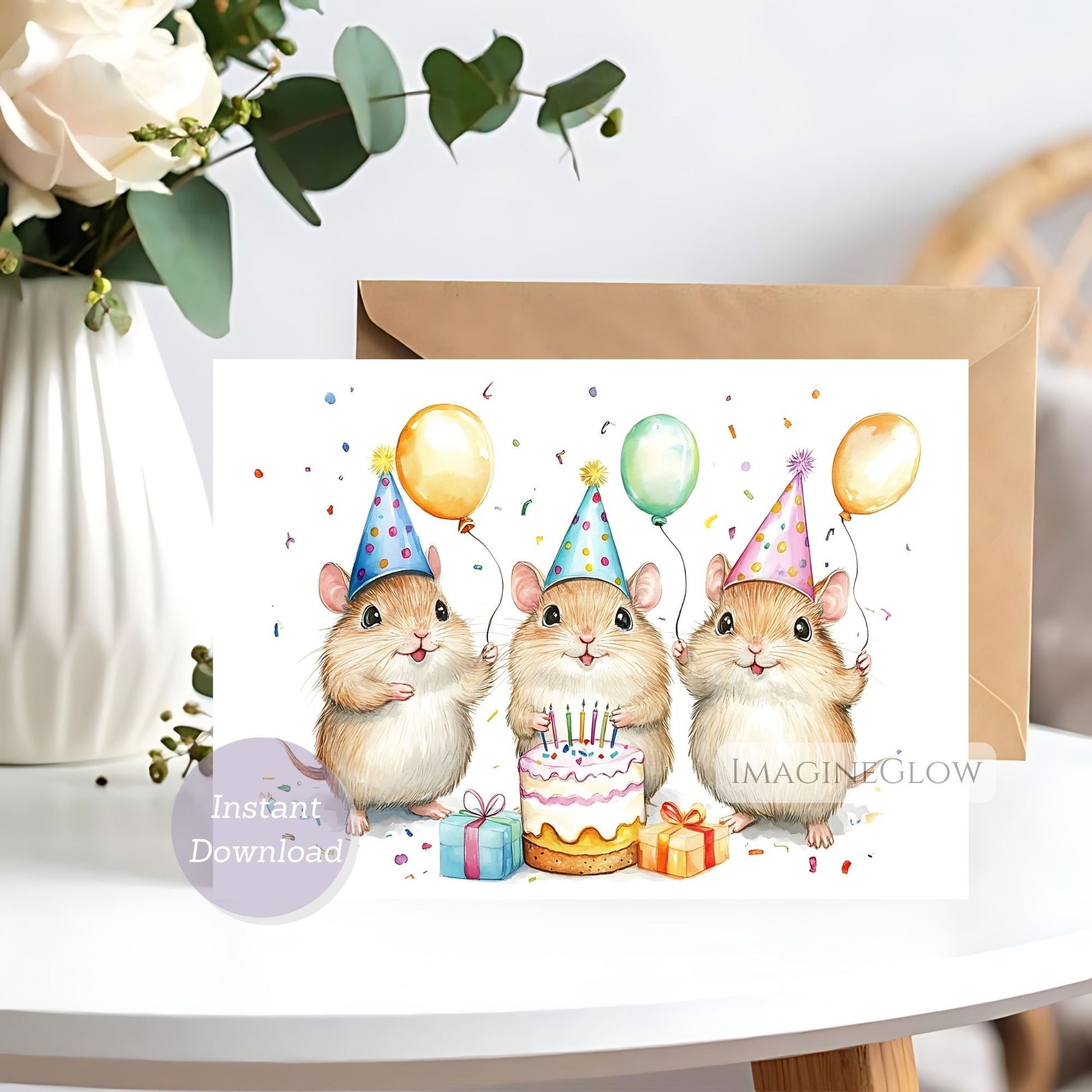 Greeting card with three hamsters wearing party hats on a white surface with flowers in the background.