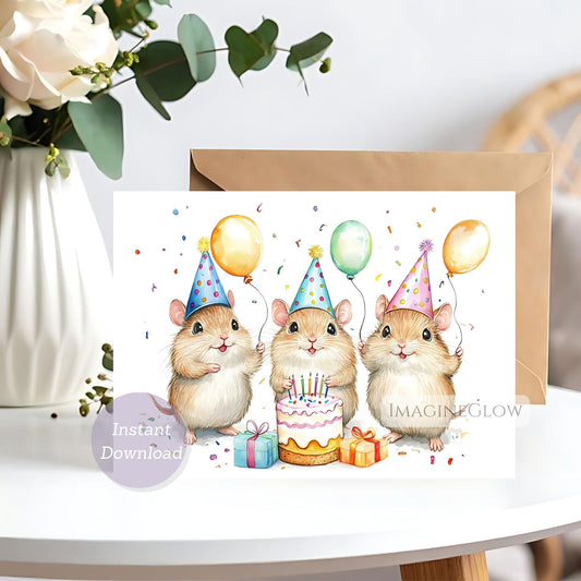 Greeting card with three hamsters wearing party hats on a white surface with flowers in the background.