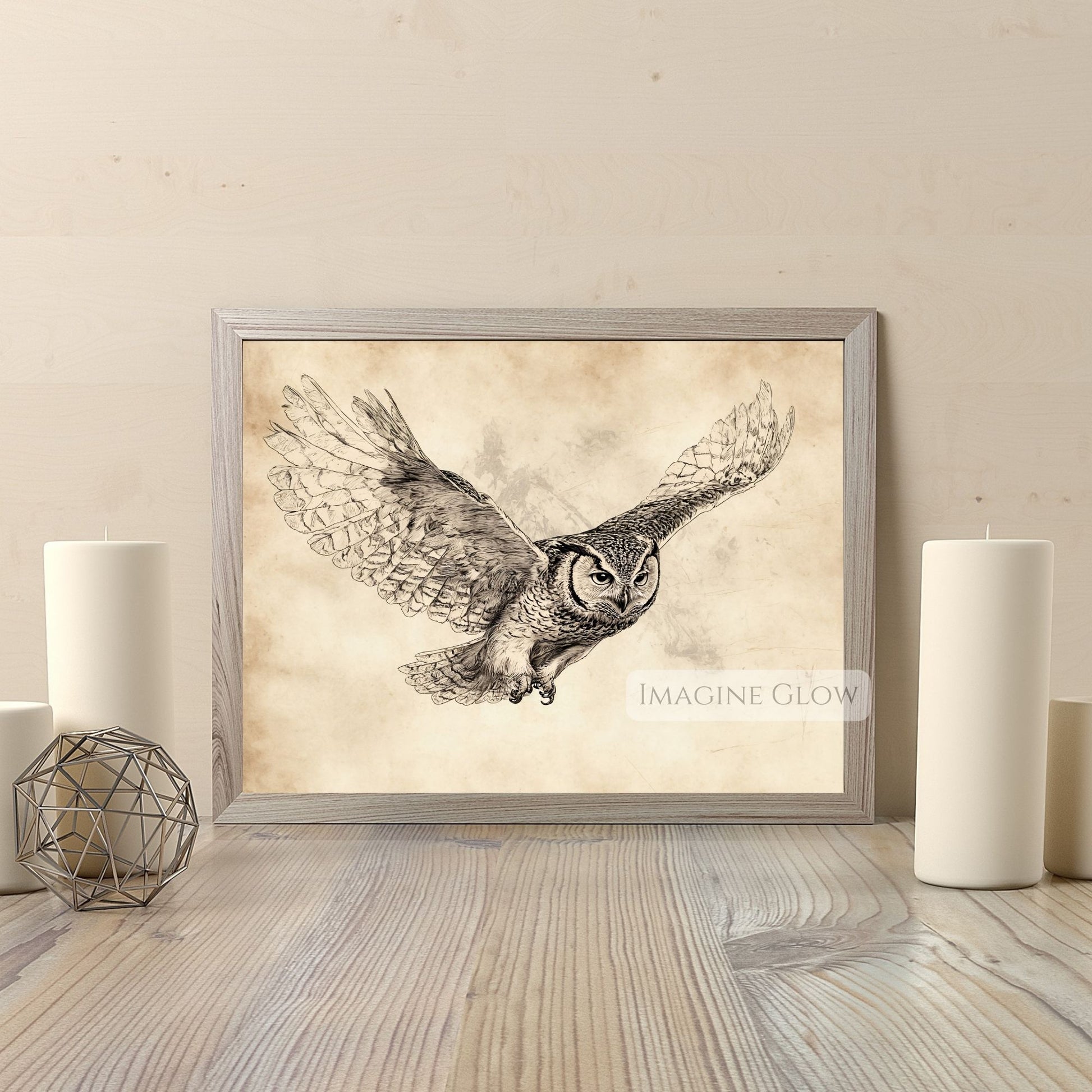 Wise owl vintage sketch art print decor.