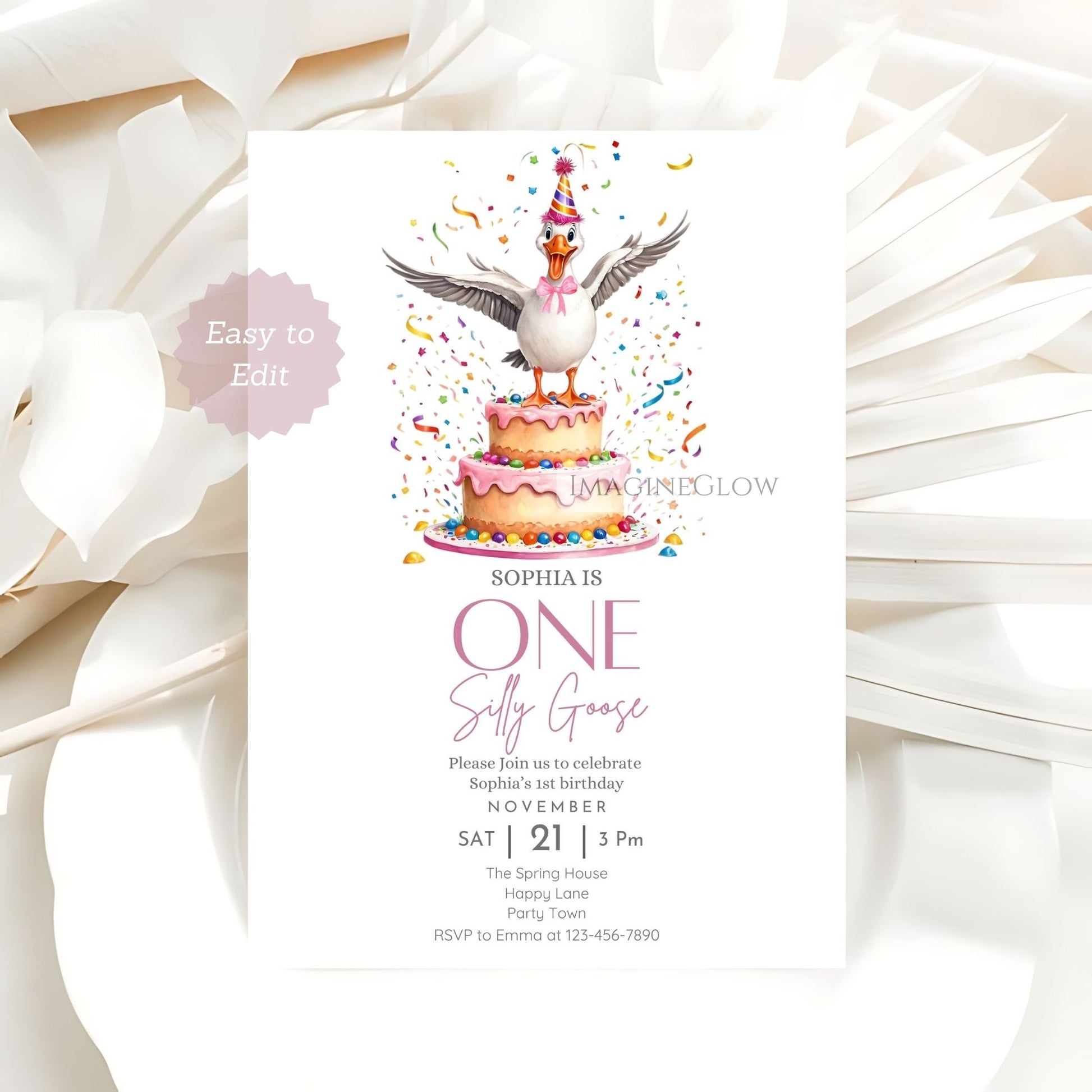 Cute goose themed first birthday invite for girl Editable digital download birthday invitation for girl
