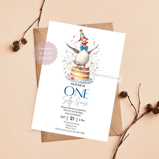 One Silly Goose first birthday invitation for boy