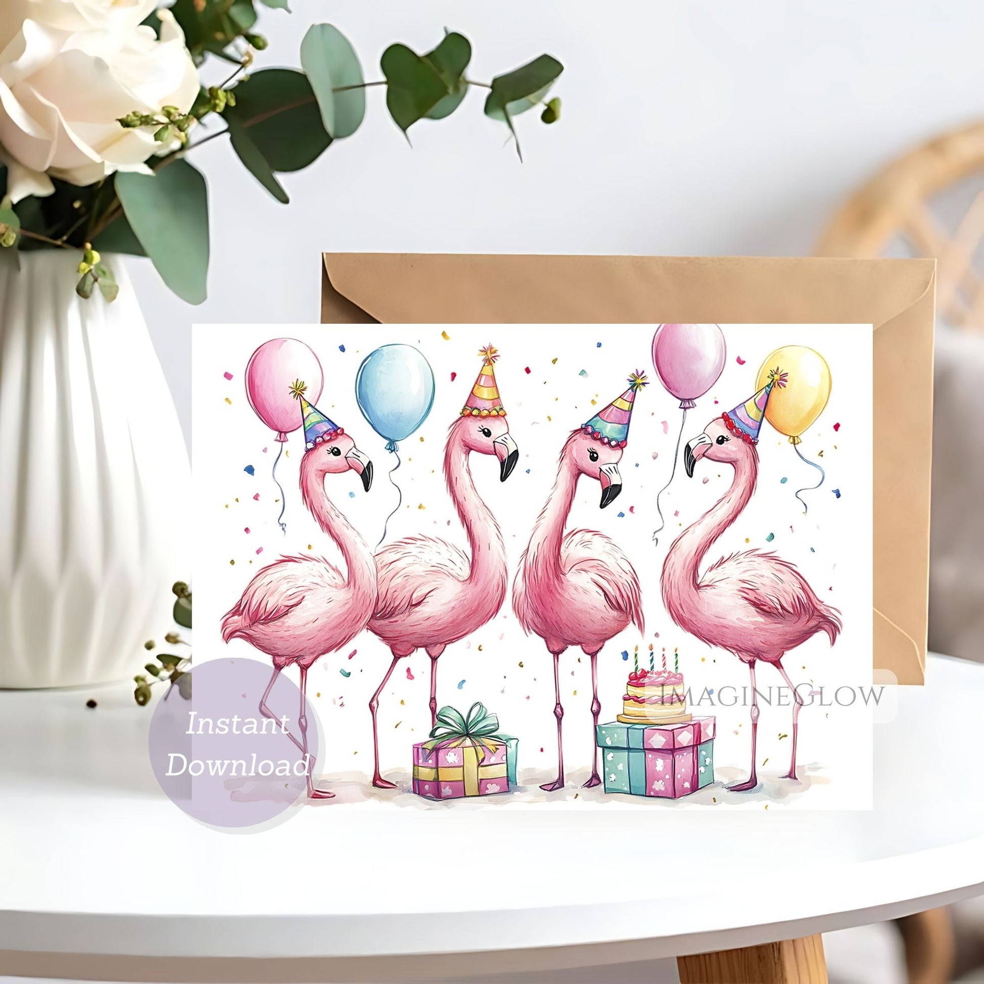 Greeting card with pink flamingos, balloons, and a cake on a white surface.