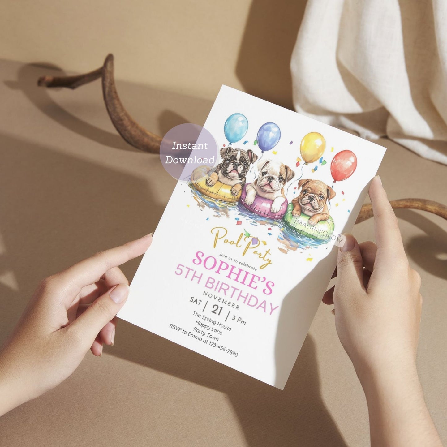 High-resolution bulldog pool party invite for summer birthdays.