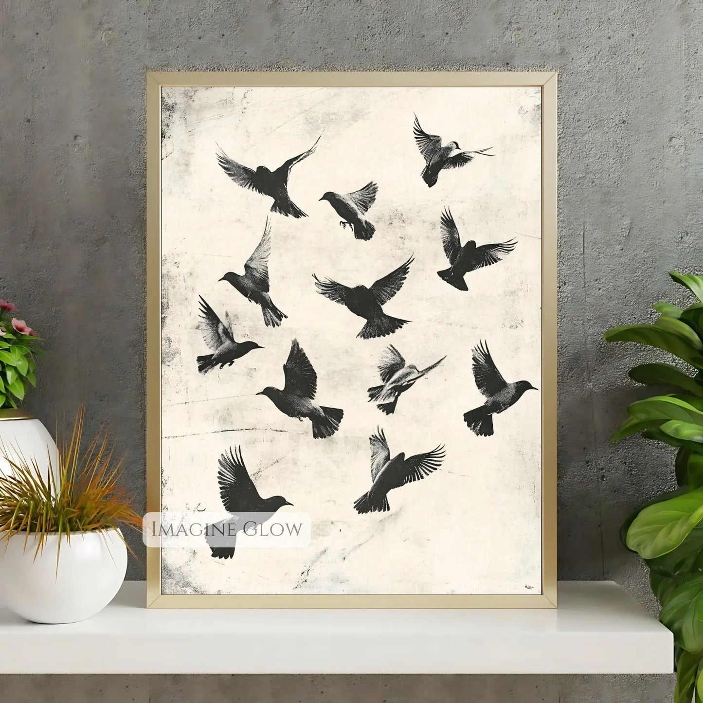 Vintage bird flight scene for minimalist decor.