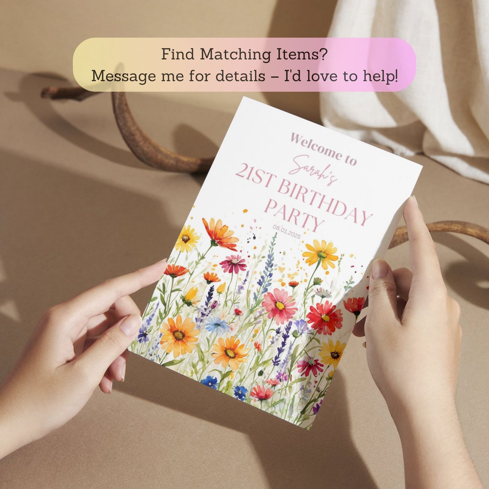 Personalized birthday party poster for 21st milestone.
Fun and colorful 21st birthday welcome sign with wildflowers.