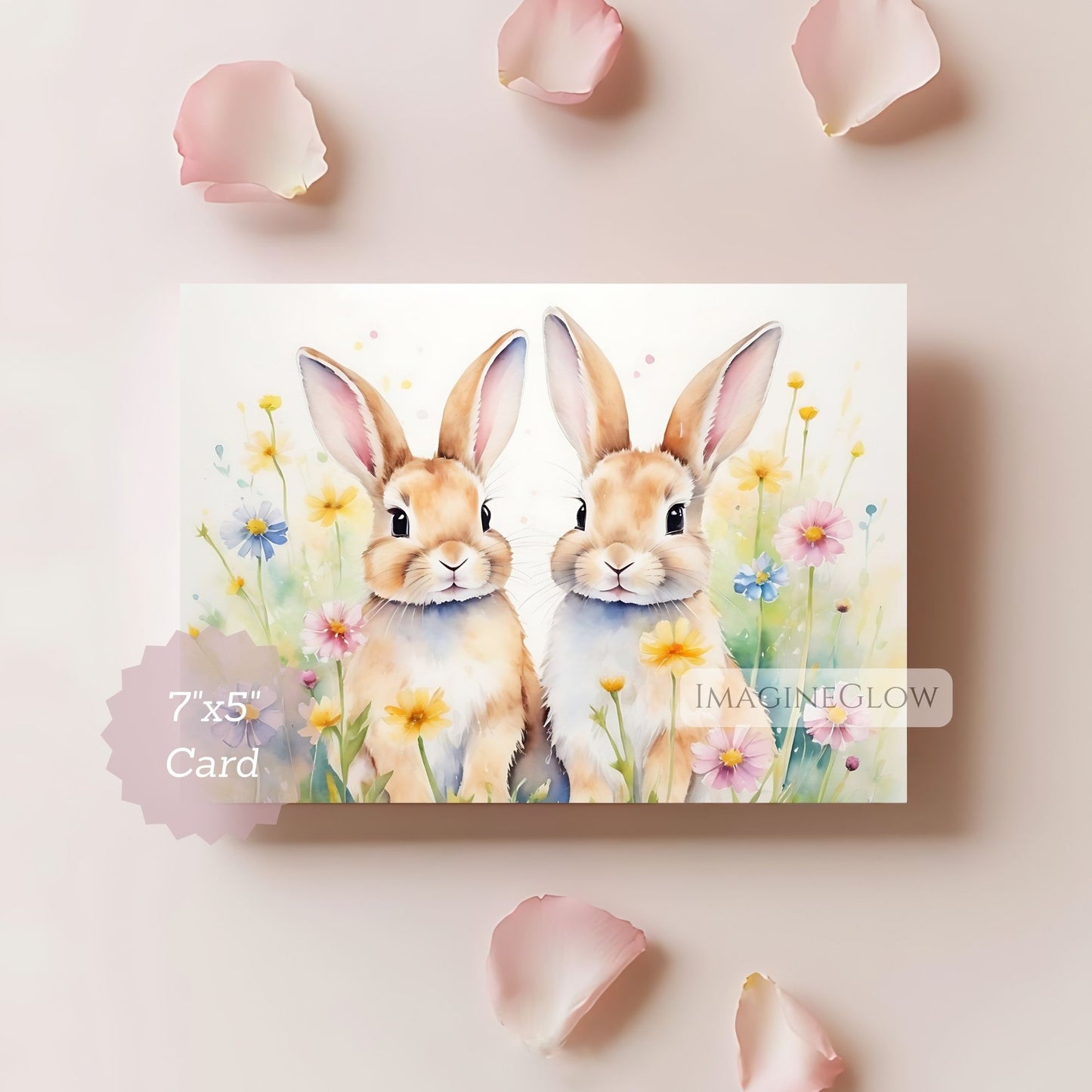 Card with two rabbits and flowers on a light pink background with rose petals.
