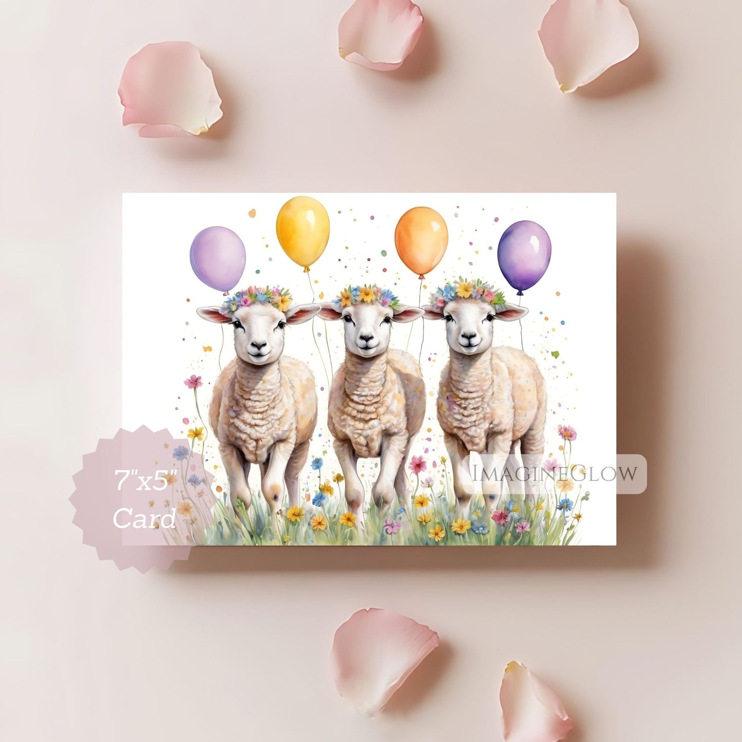 Card with three sheep holding balloons on a pink background