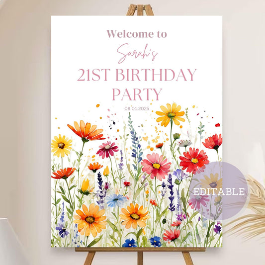 Editable birthday welcome sign with bright wildflowers customizable age printable
Floral birthday party sign with bright wildflowers and editable age