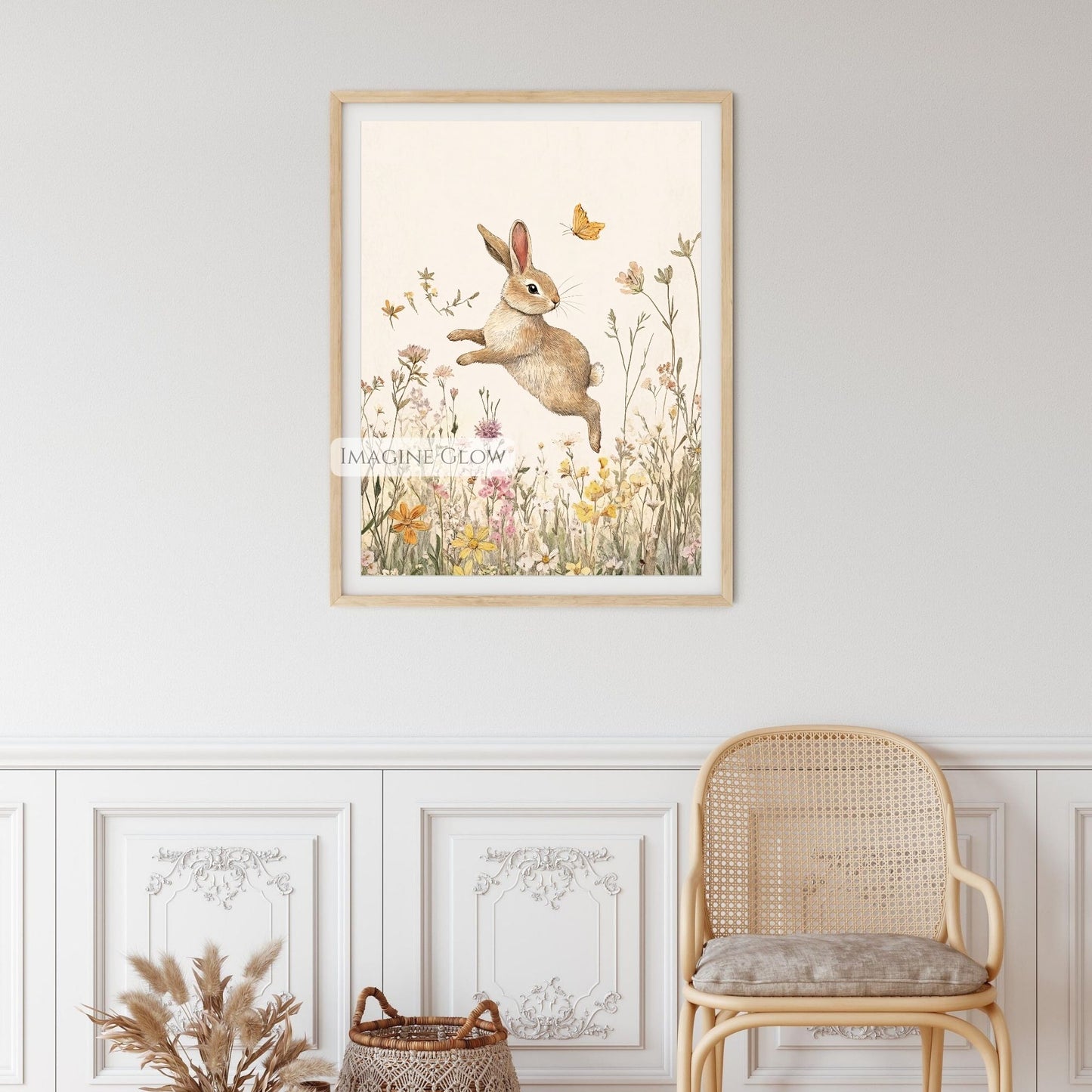 Cute bunny in wildflowers, perfect for children’s room decor.