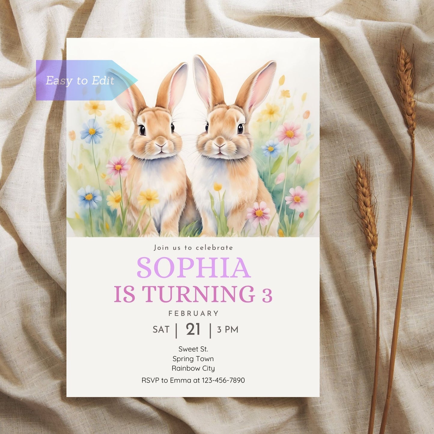 Easter Bunny wildflower spring invitation for kids' party.
Floral bunny-themed birthday invite for spring celebrations.
Editable Easter party invitation with bunny and wildflowers.