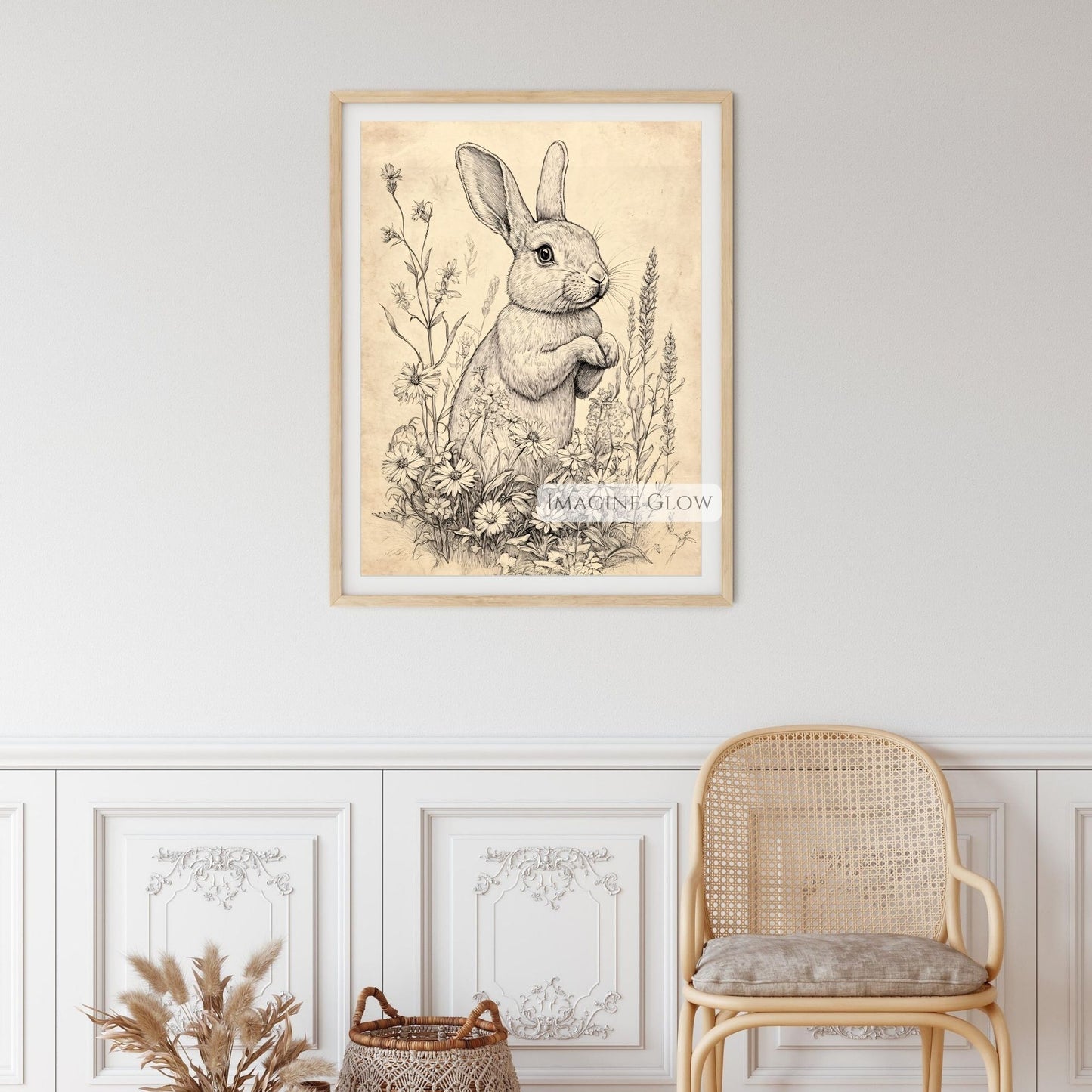 Rustic rabbit art print featuring elegant floral designs.