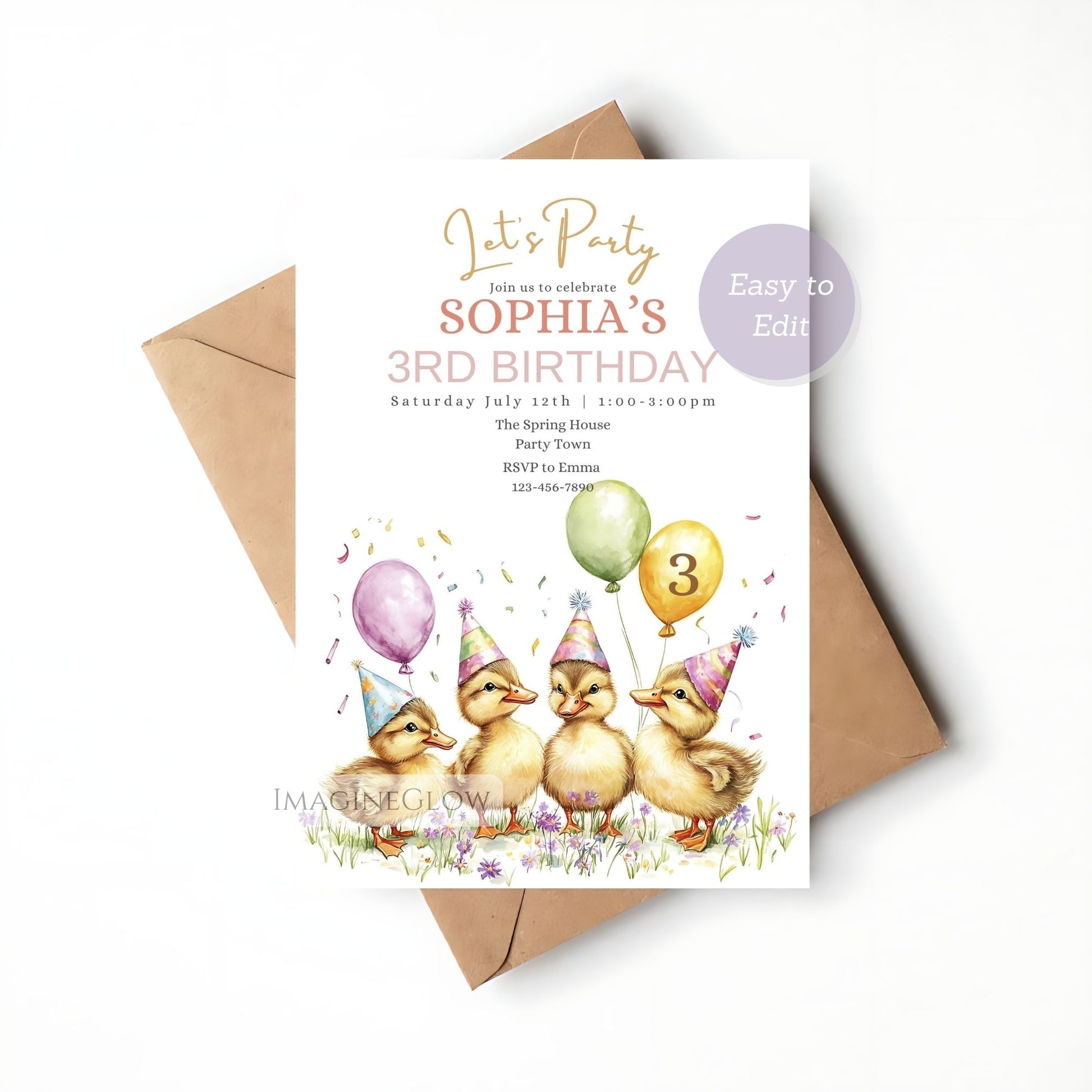 Instant download duck floral birthday invitation