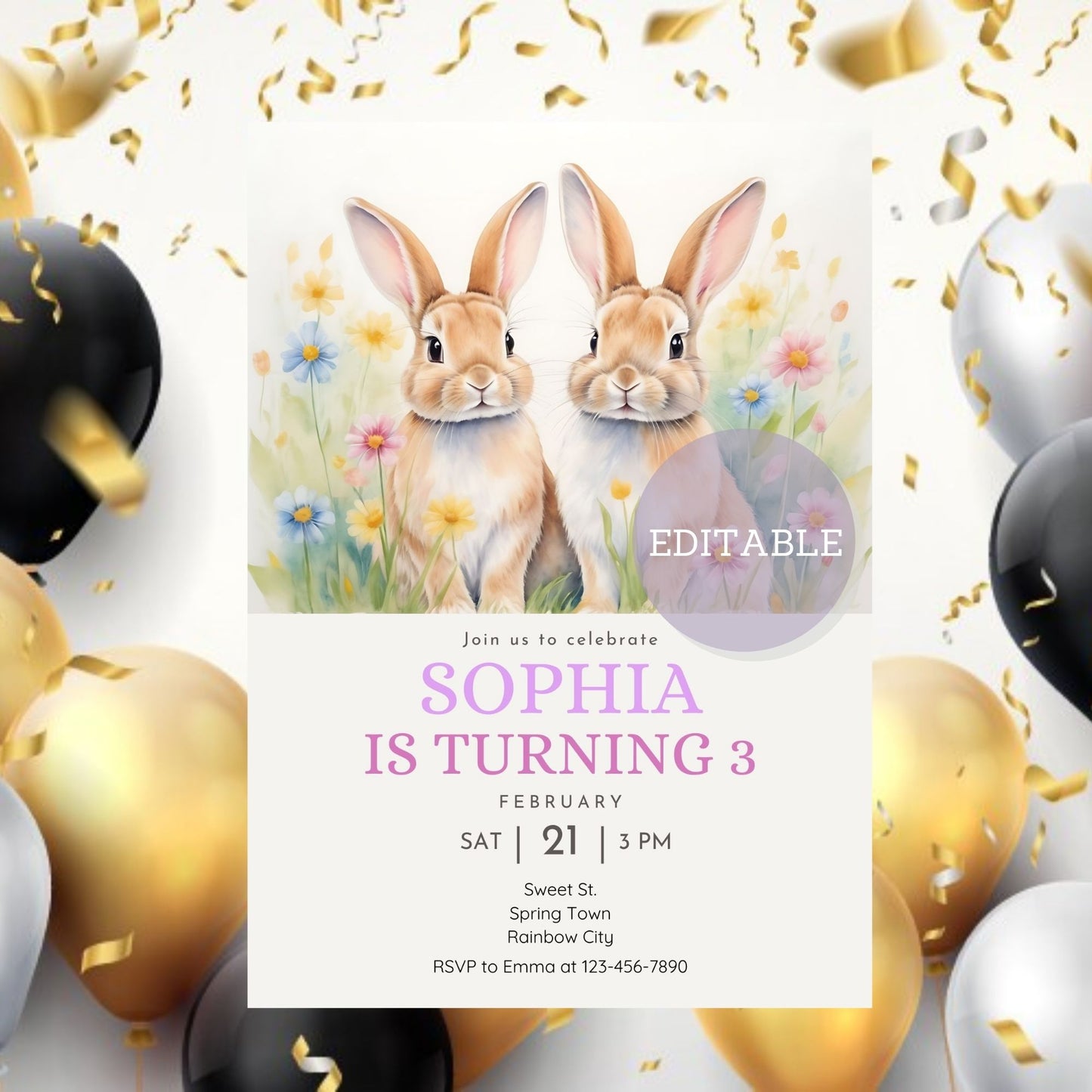 Floral bunny birthday invitation for Easter celebrations
