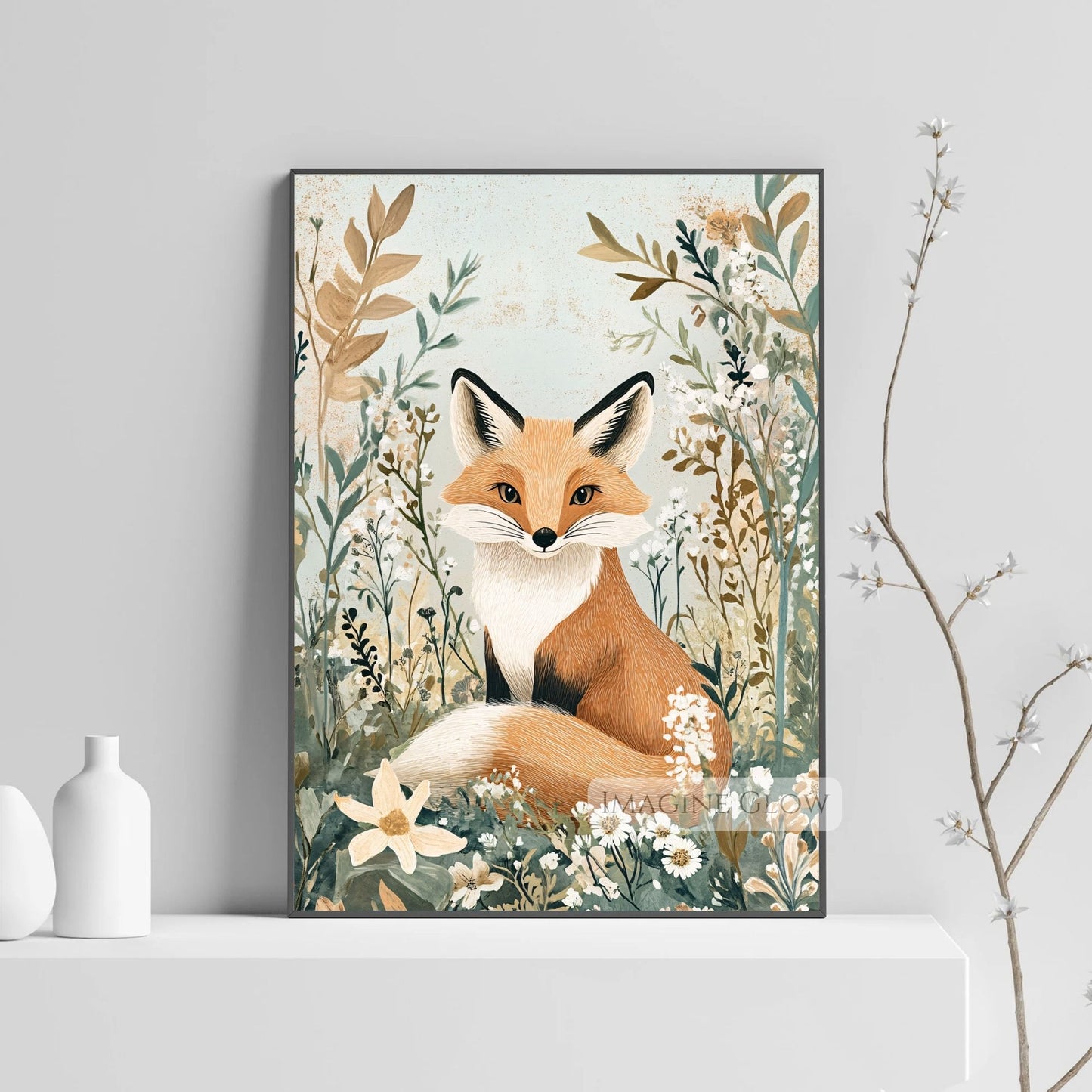 Rustic fox and wildflowers artwork for home decor.