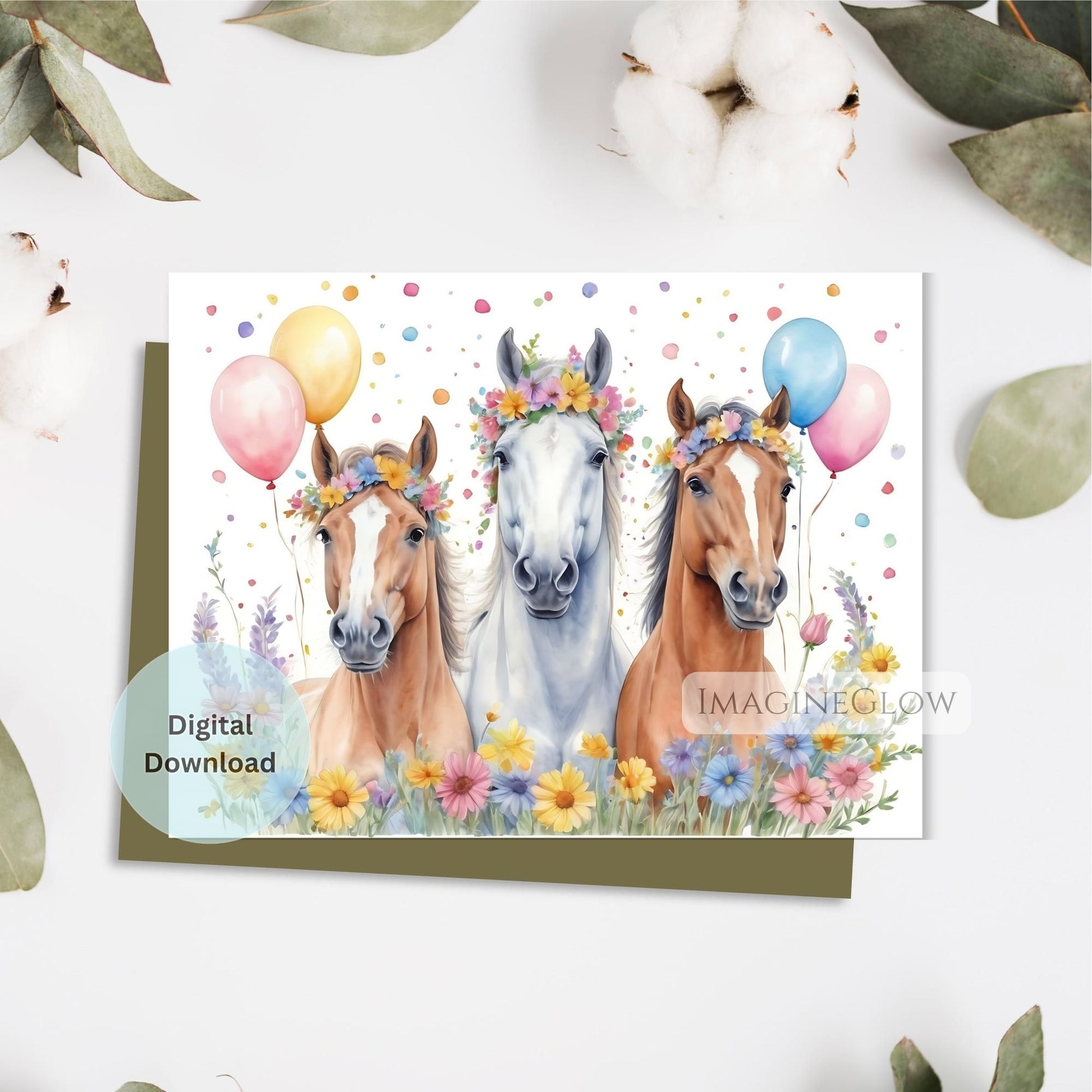 Digital download card with three horses, flowers, and balloons on a white background.
