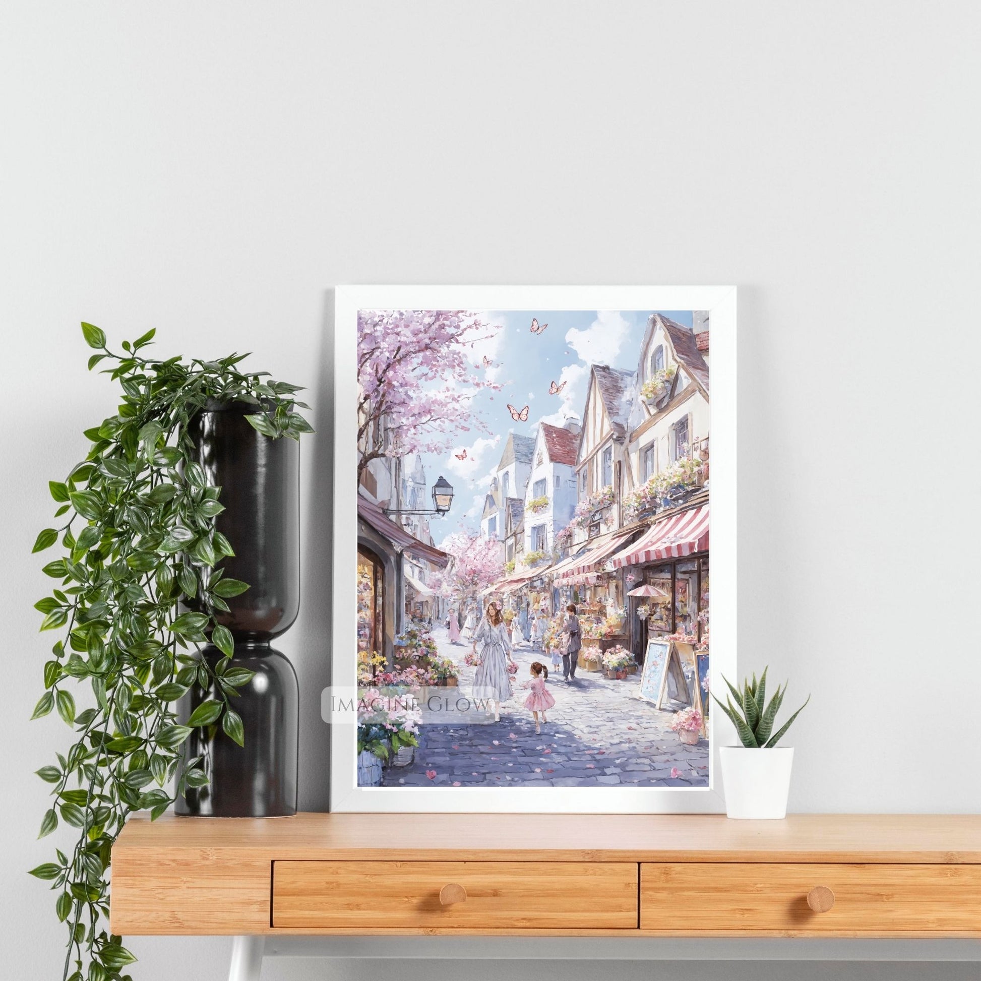 Old town spring art featuring vibrant tulips and delicate cherry blossoms.