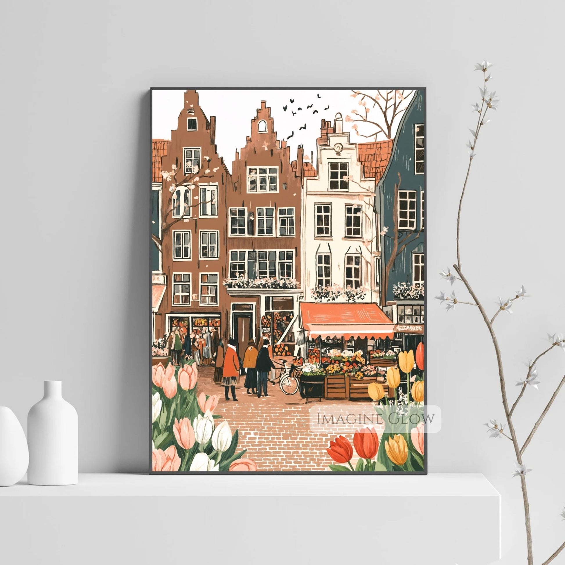 Beautiful spring scene with tulips and cherry blossoms in an old town setting.