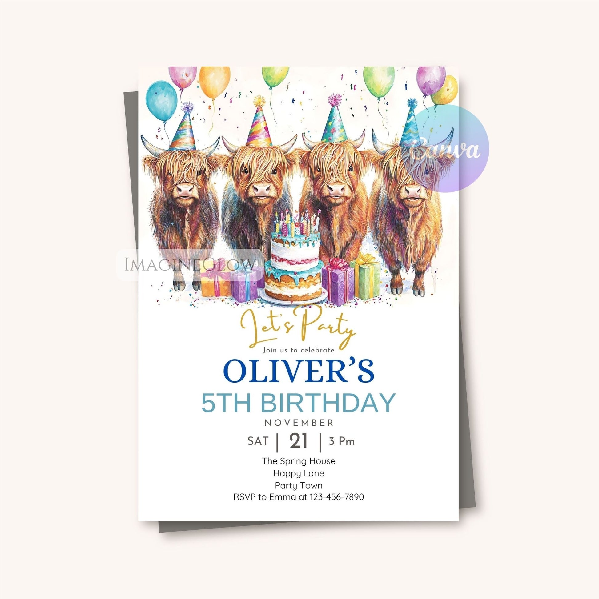 Editable Highland cow birthday card