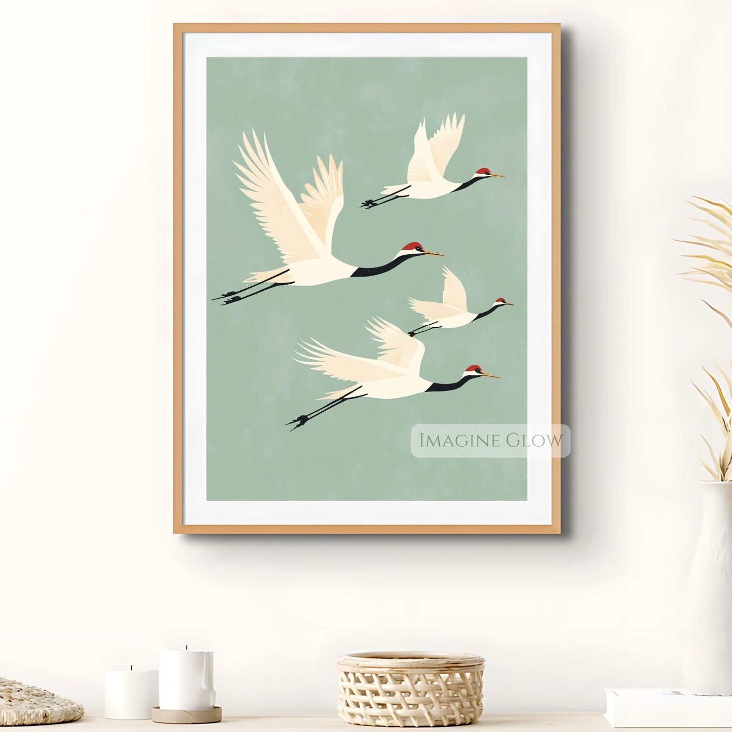 Maximalist art print with flying cranes, Japanese style.