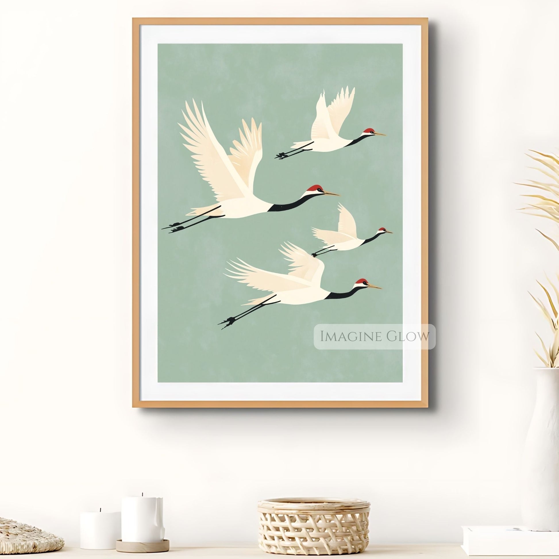 Maximalist art print with flying cranes, Japanese style.