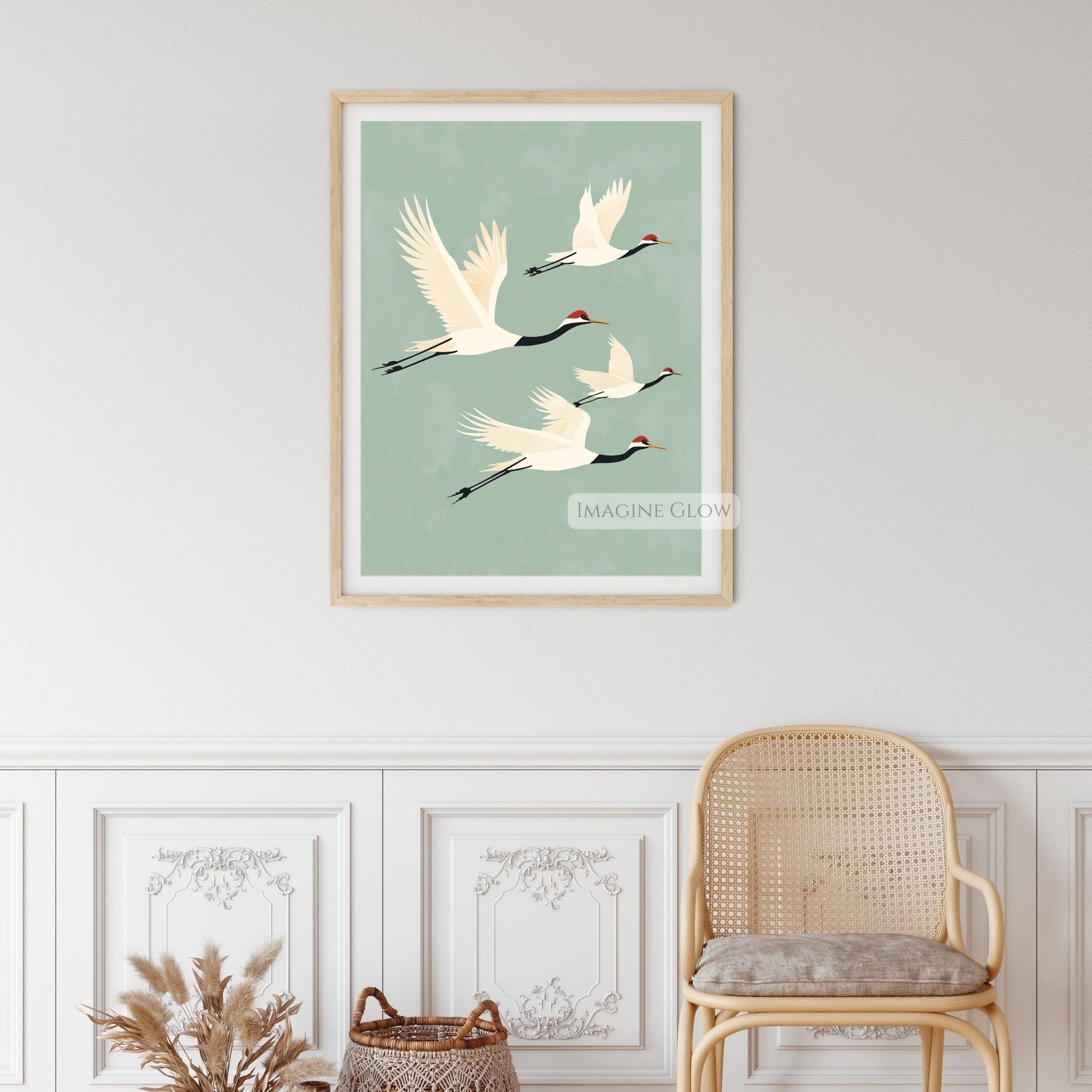Japandi wall decor featuring a flying crane print.
