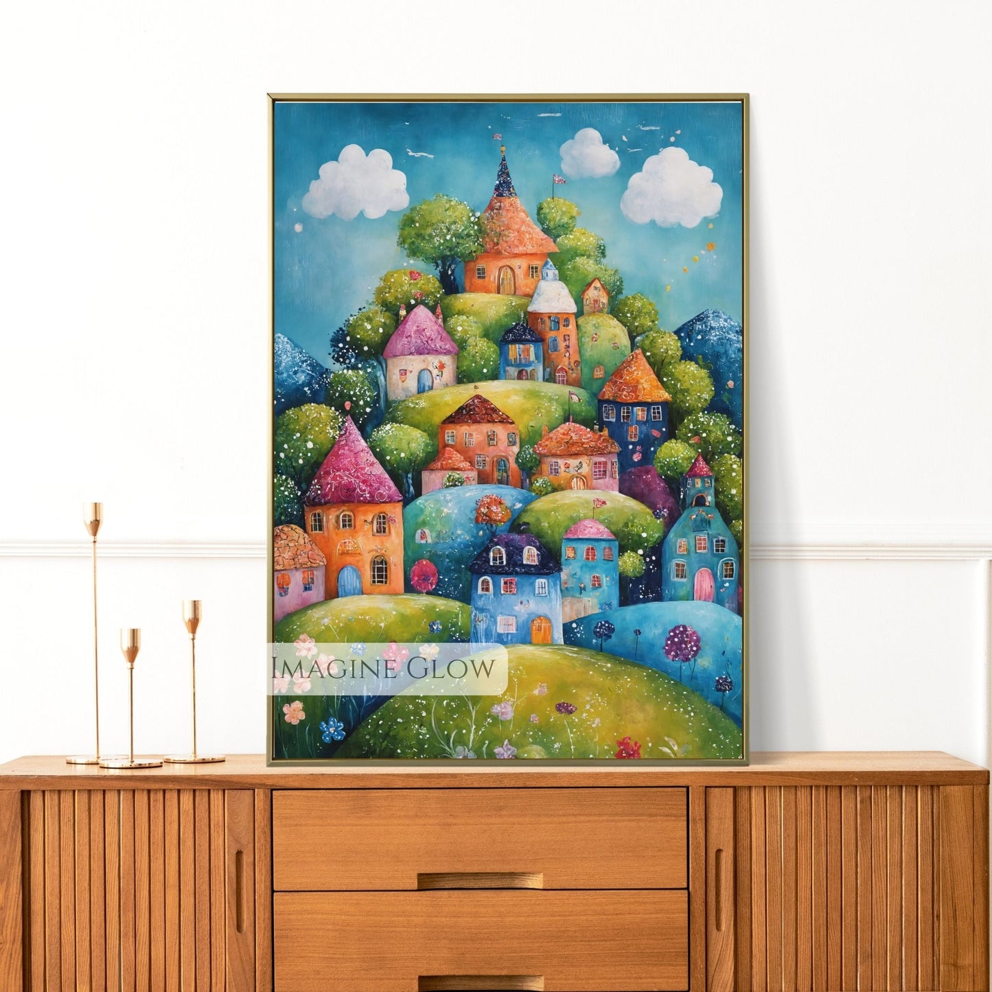 Whimsical Folk Art Spring Mountain Village Scene