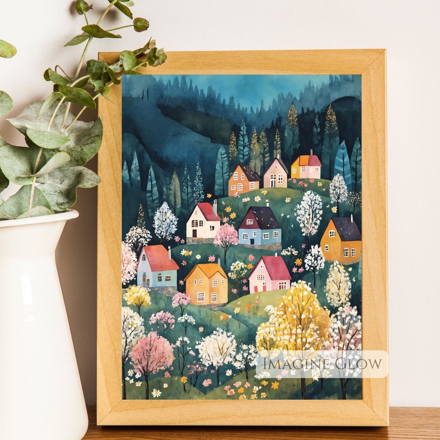 Digital art of a tranquil spring village with flowers