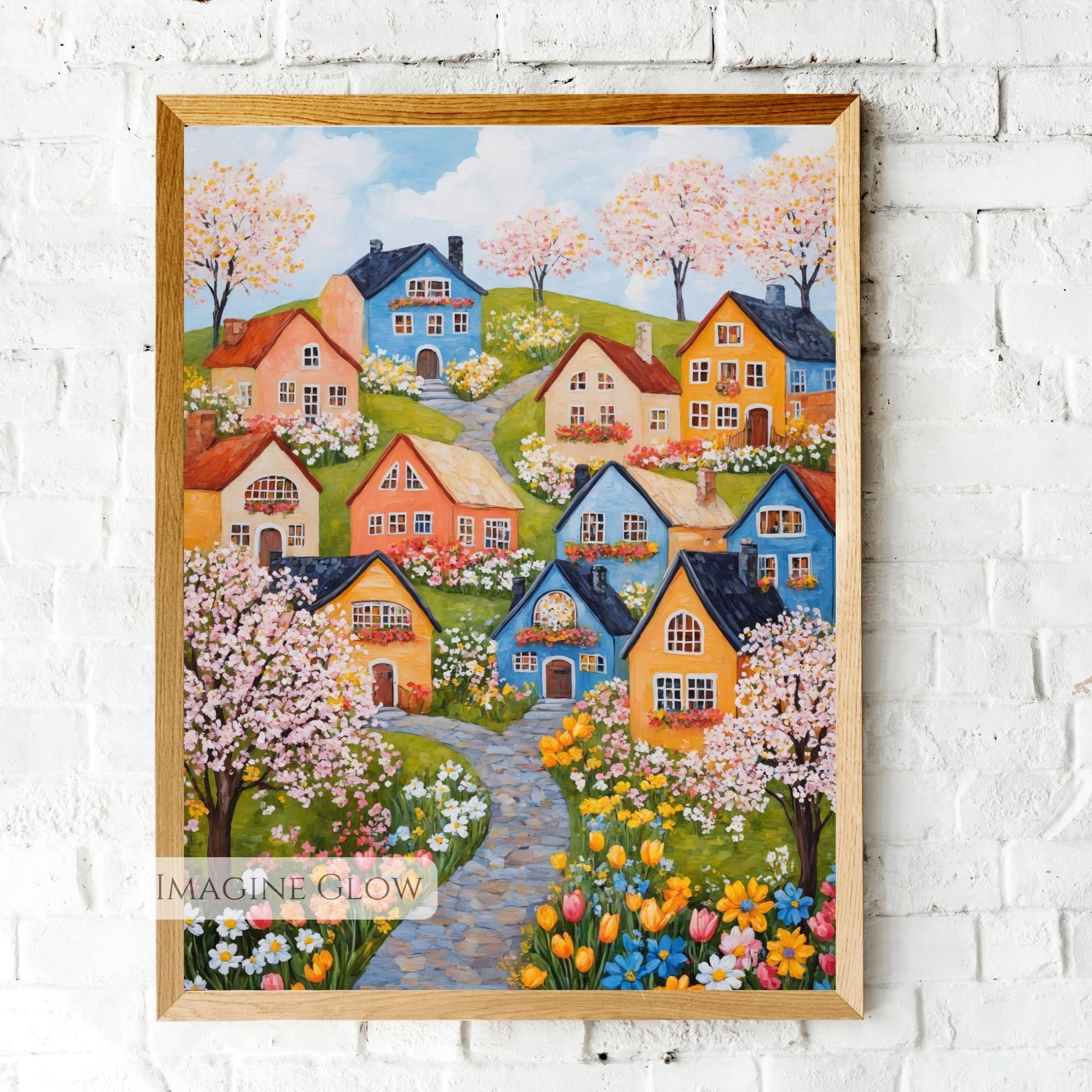 Country-style art of a village with blooming trees and flowers