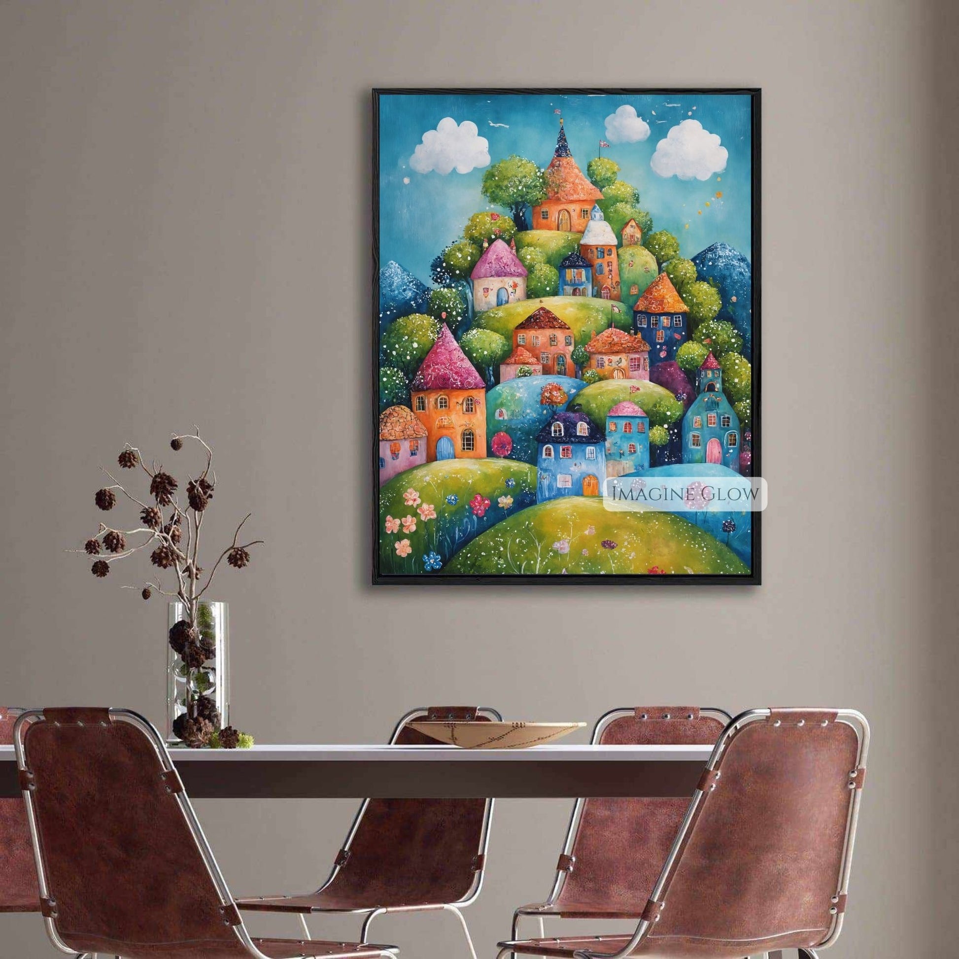 Springtime Village with Vibrant Colors and Mountains