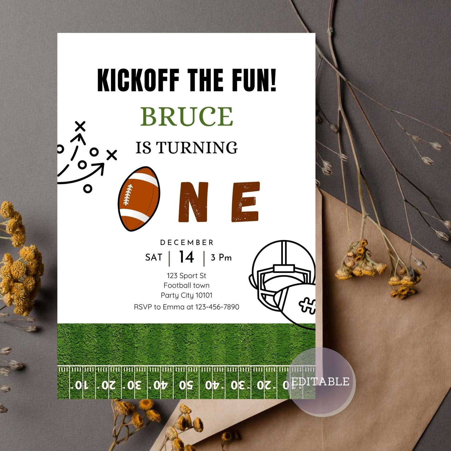Football 1st birthday invitation with sports theme for baby boy.