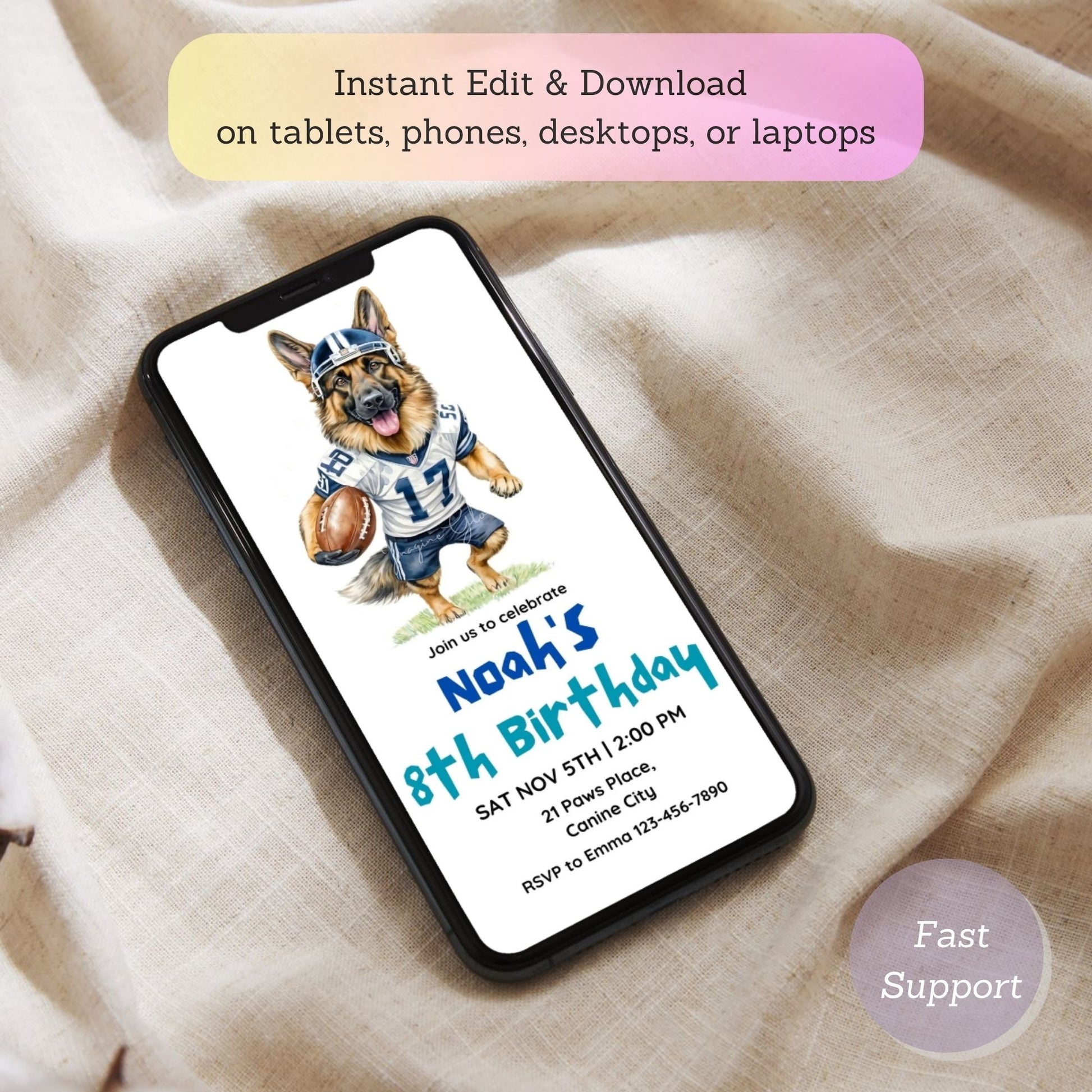 Sports-themed party invite with German Shepherd puppy design.