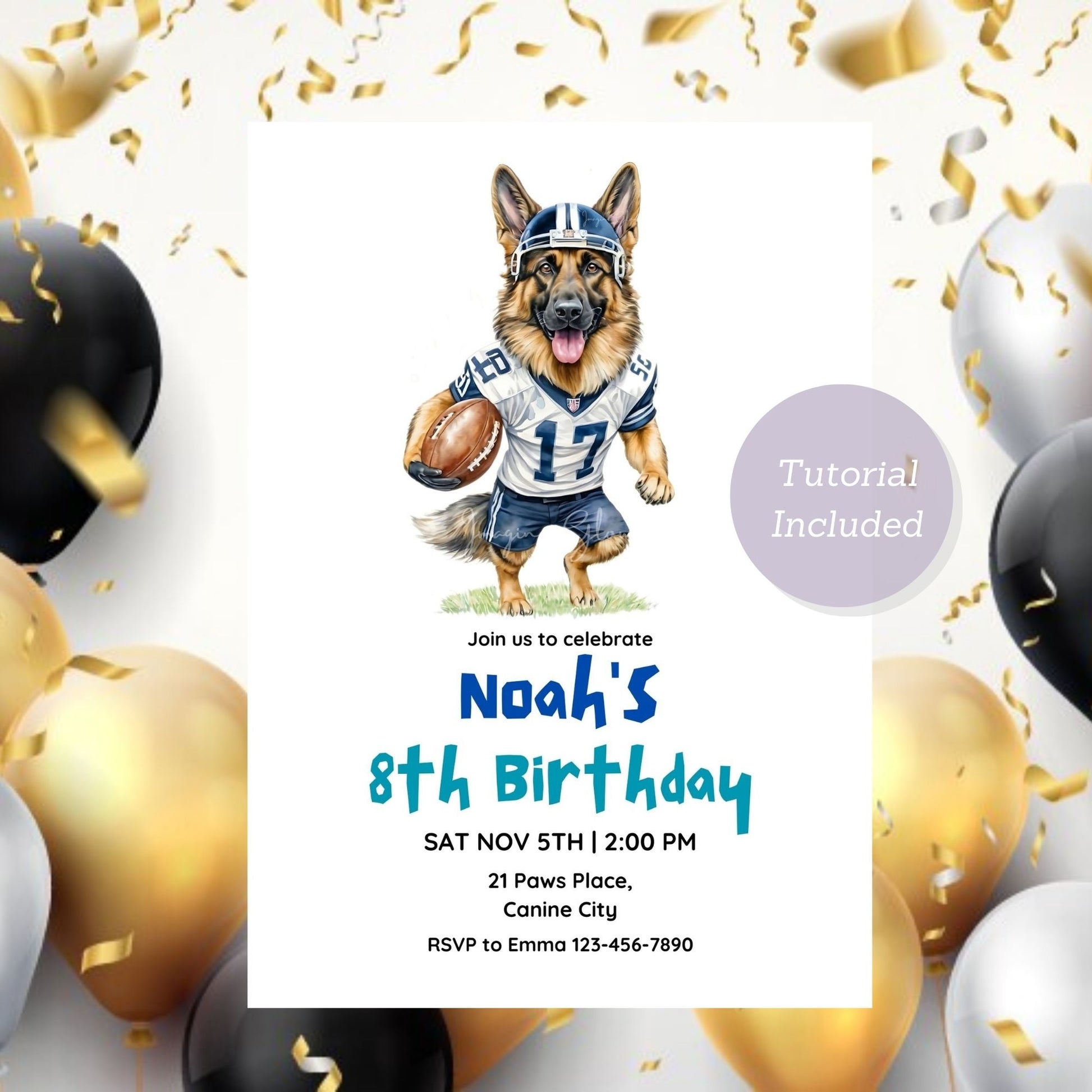 Editable German Shepherd Dog football invitation for birthdays.